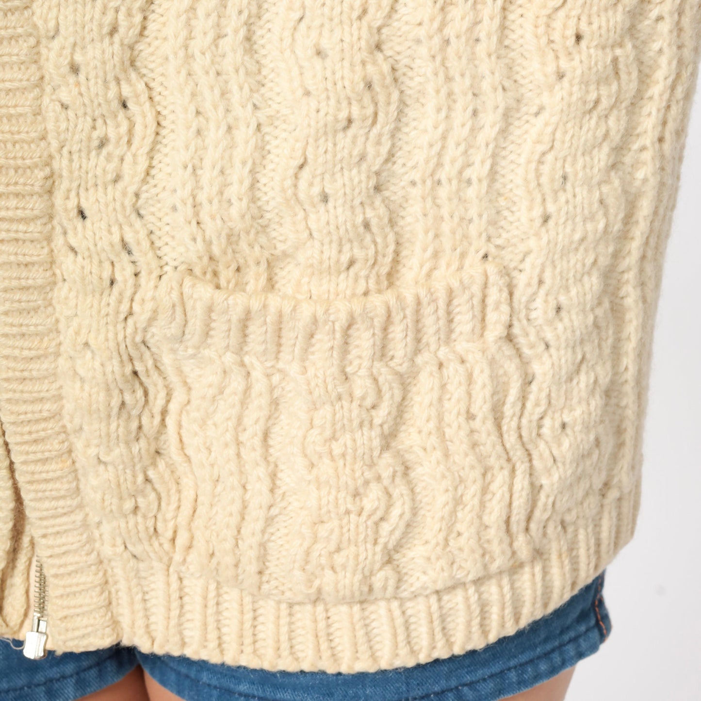 70s Cream Wool Cable Knit Cardigan Zip-Up Fisherman Sweater Large