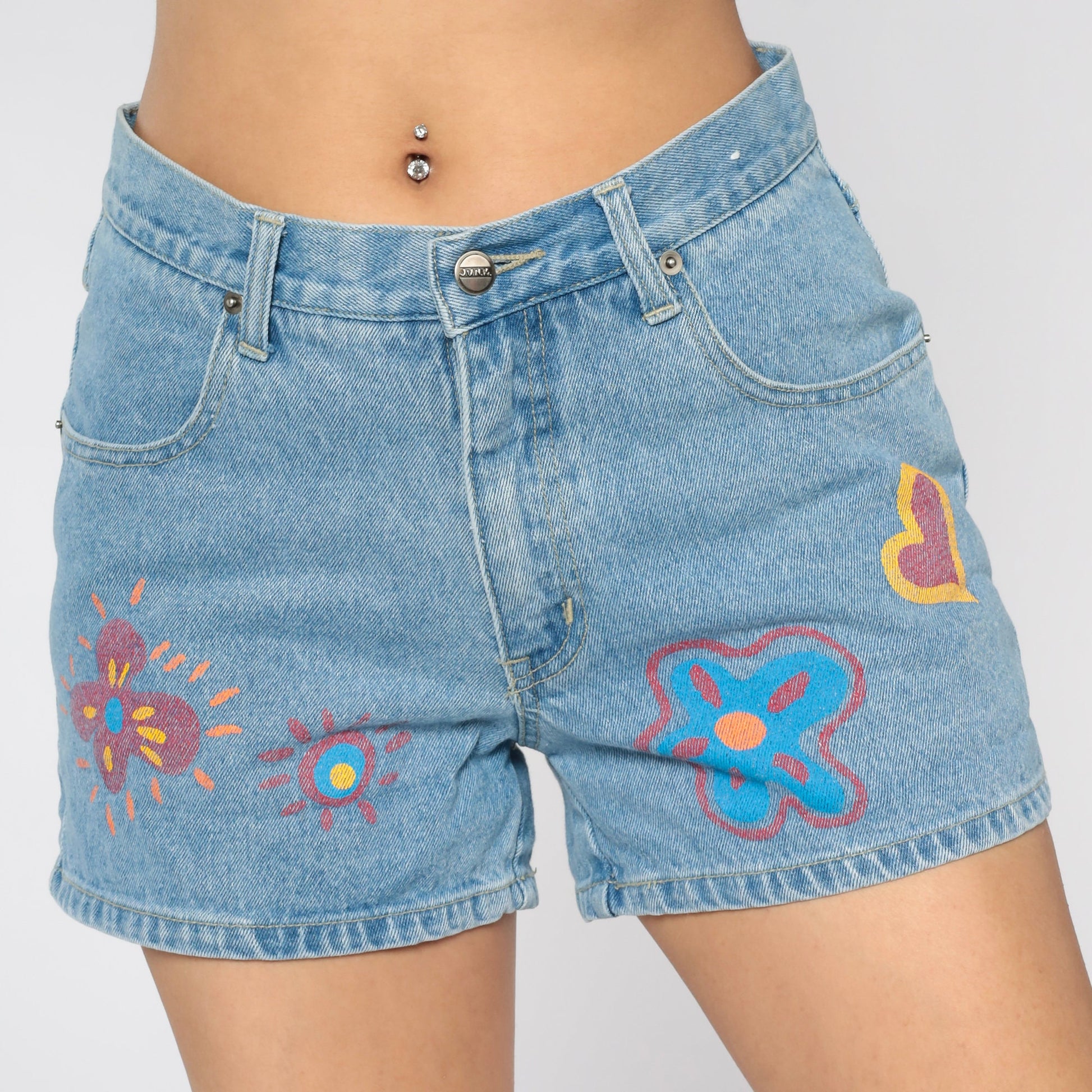 90s Junk Jeans Denim Shorts Painted Flower Heart Print Blue Medium
