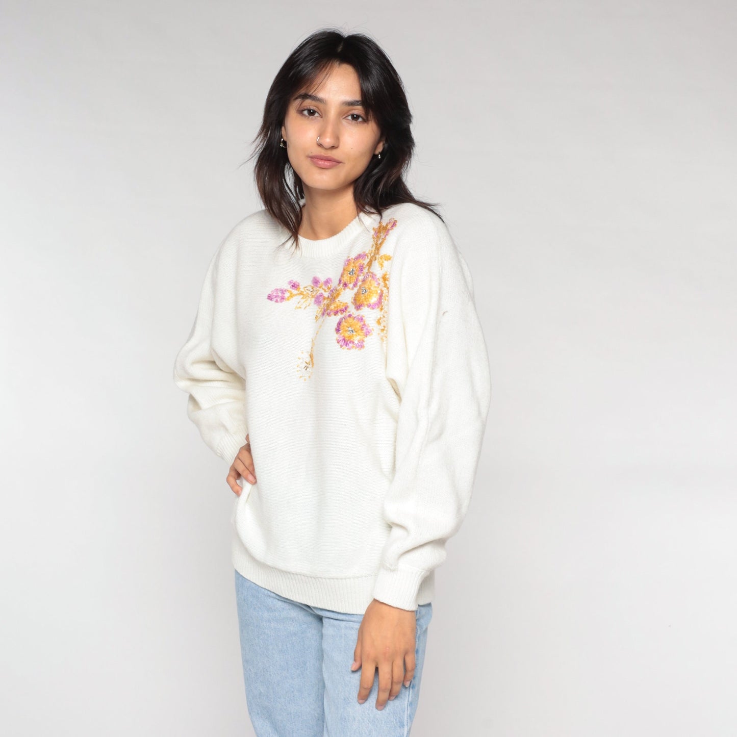 90s White Floral Sequin Beaded Sweater Dolman Sleeve Knit Large