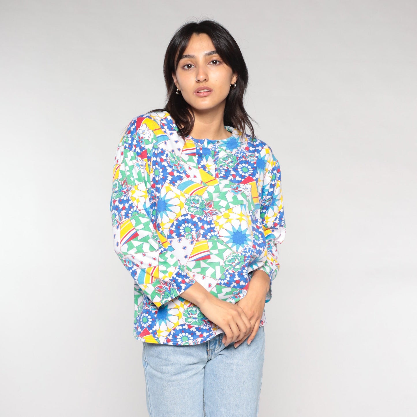 90s Abstract Floral Print Blouse Colorful Psychedelic 3/4 Sleeve White Large L