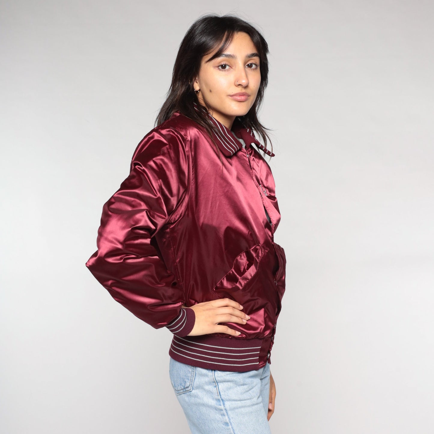 80s National Roofing Burgundy Nylon Bomber Jacket Embroidered Pat Small