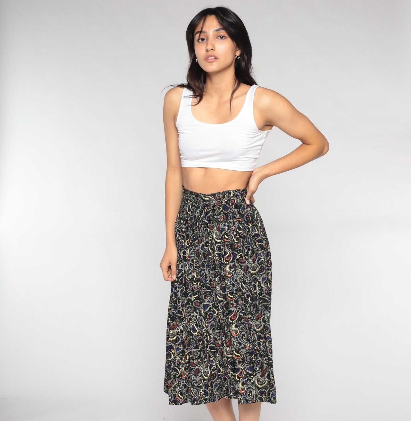 90s Black Paisley Midi Skirt High Waist Extra Small XS