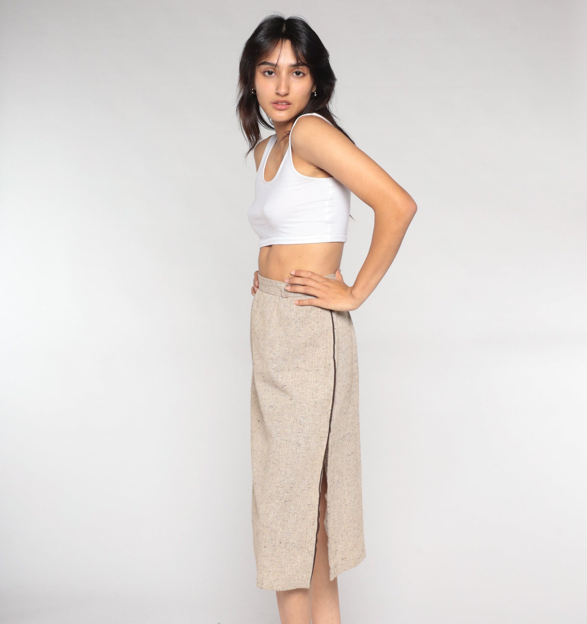 70s Tan Pencil Midi Skirt High Waist Side Slit Woven Extra Small