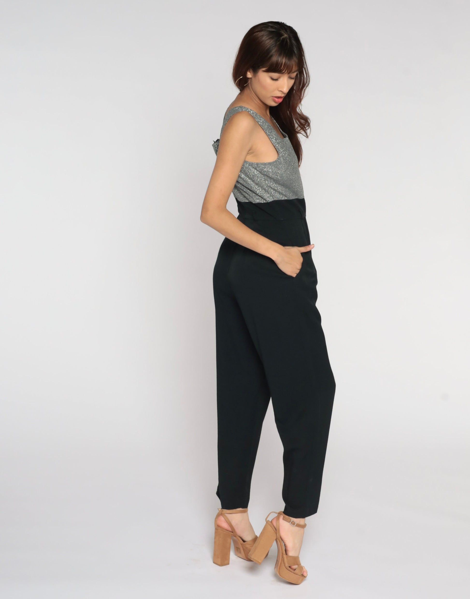 90s Black Wide Leg Jumpsuit Silver Metallic Bodice Sleeveless High Waist Medium