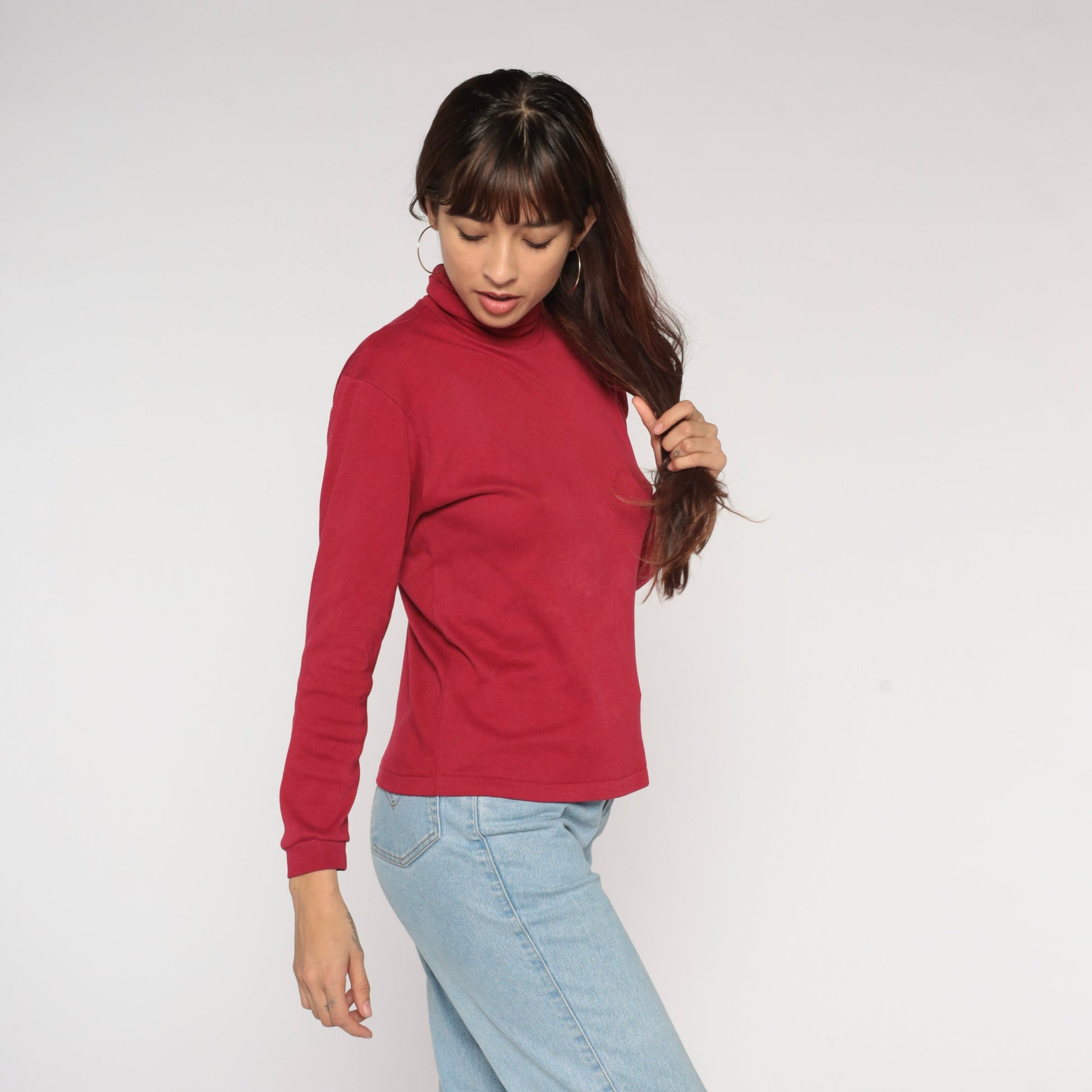 Y2K Red Turtleneck Long Sleeve Shirt Small Medium