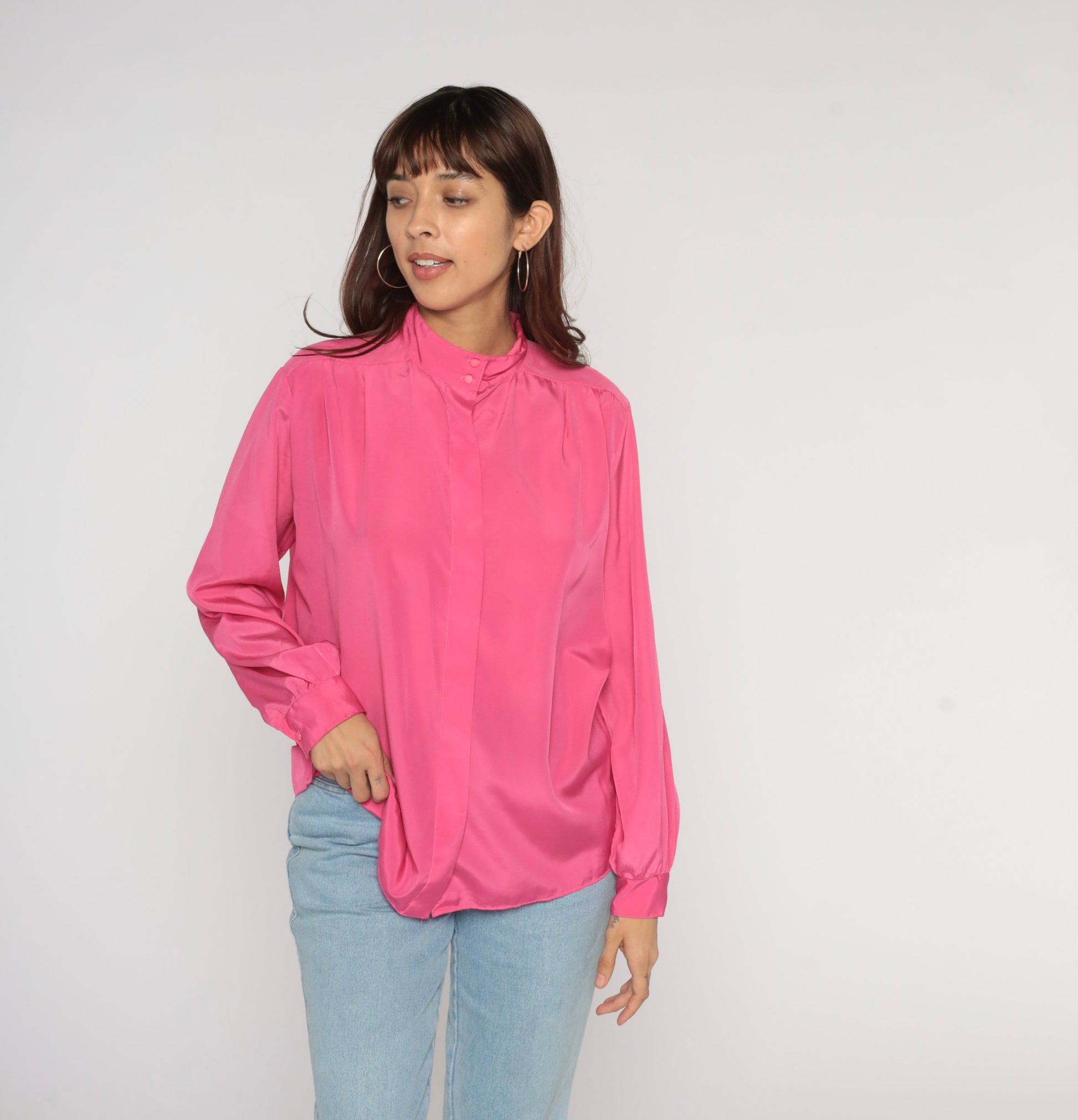 90s Hot Pink Balloon Sleeve Button-Up Blouse Large L