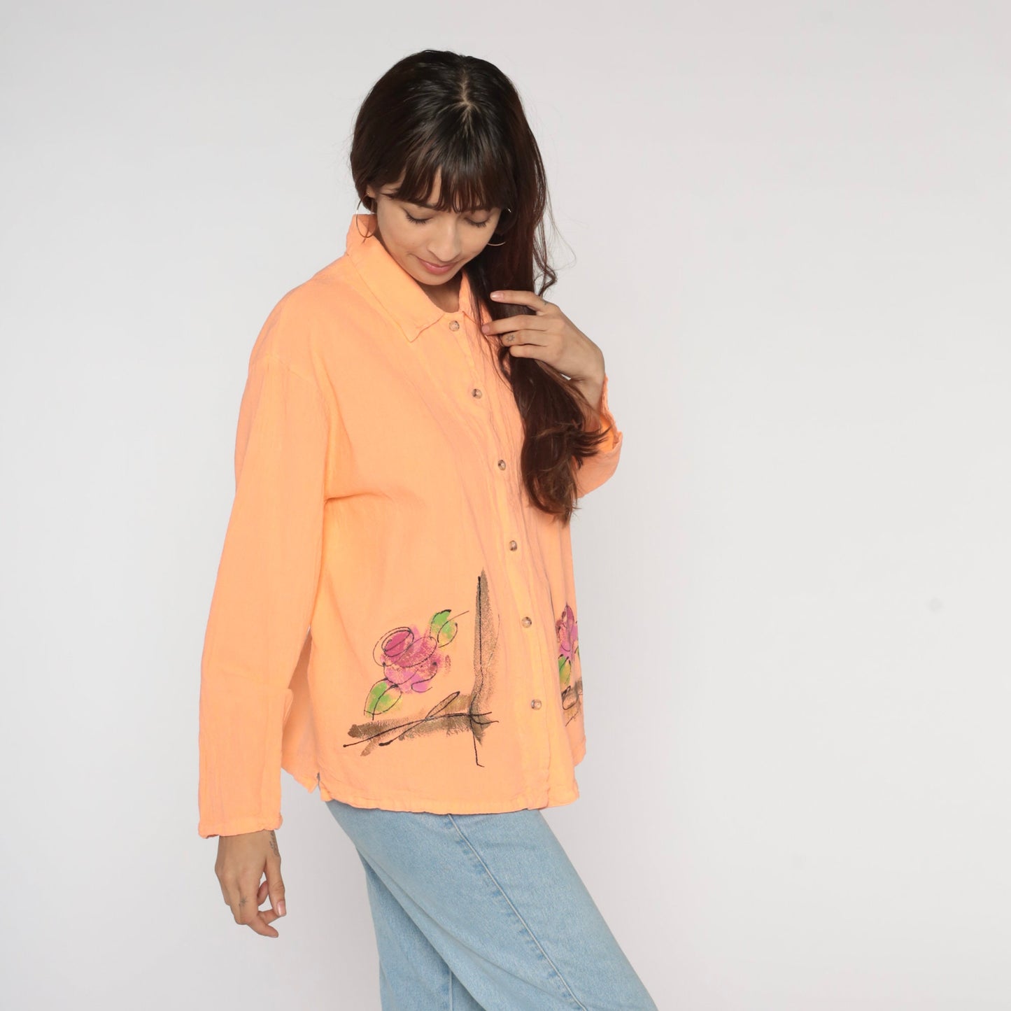 00s Rose Print Peach Floral Button-Up Blouse Cotton Long Sleeve Medium M