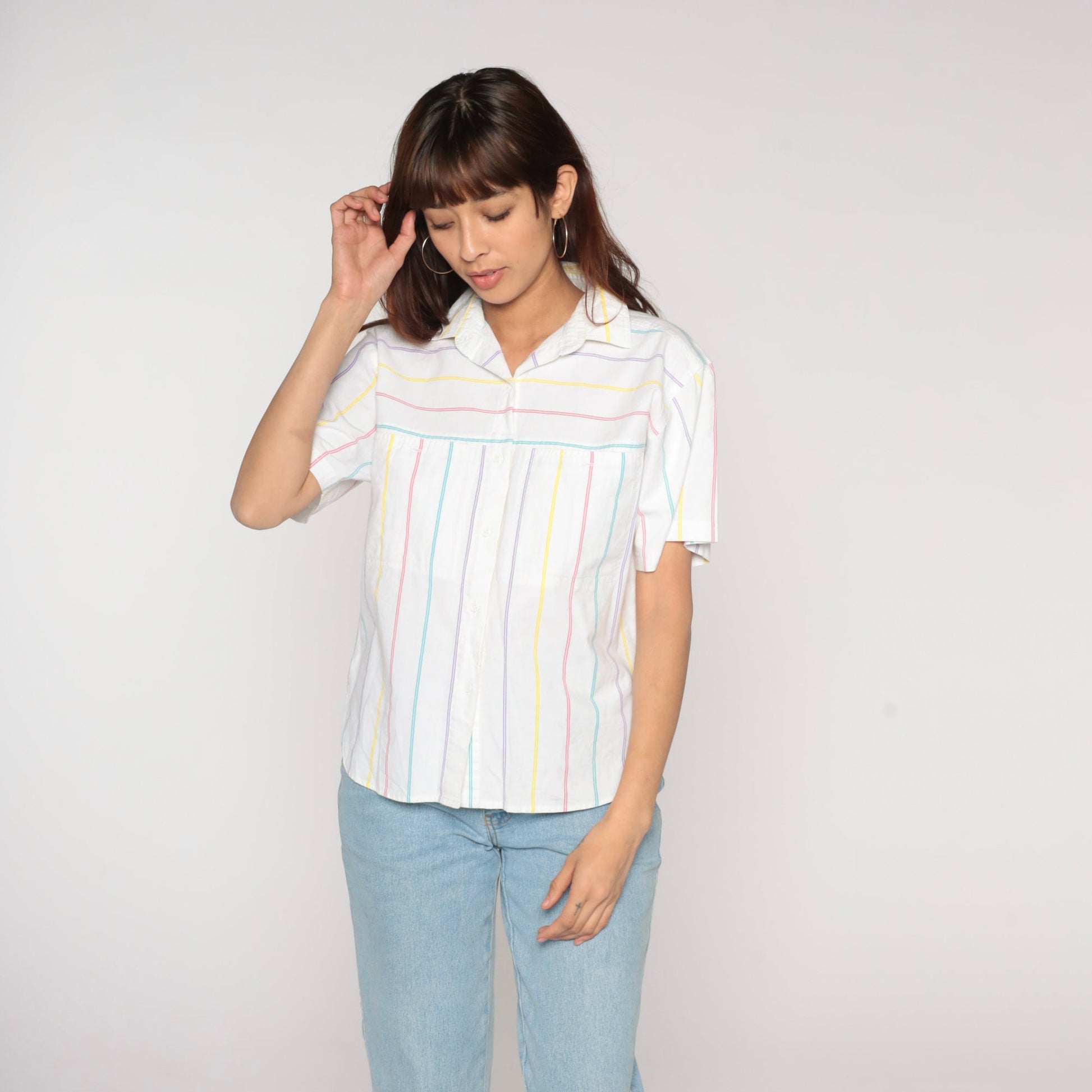 90s White Rainbow Striped Button-Up Blouse Short Sleeve Collared Cotton Medium