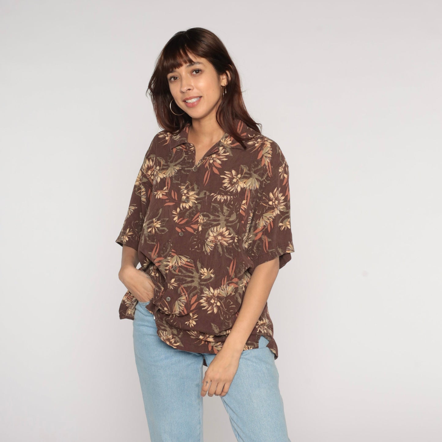 Y2K Geoffrey Beene Floral Leaf Print Silk Blend Button-Up Shirt Brown Large