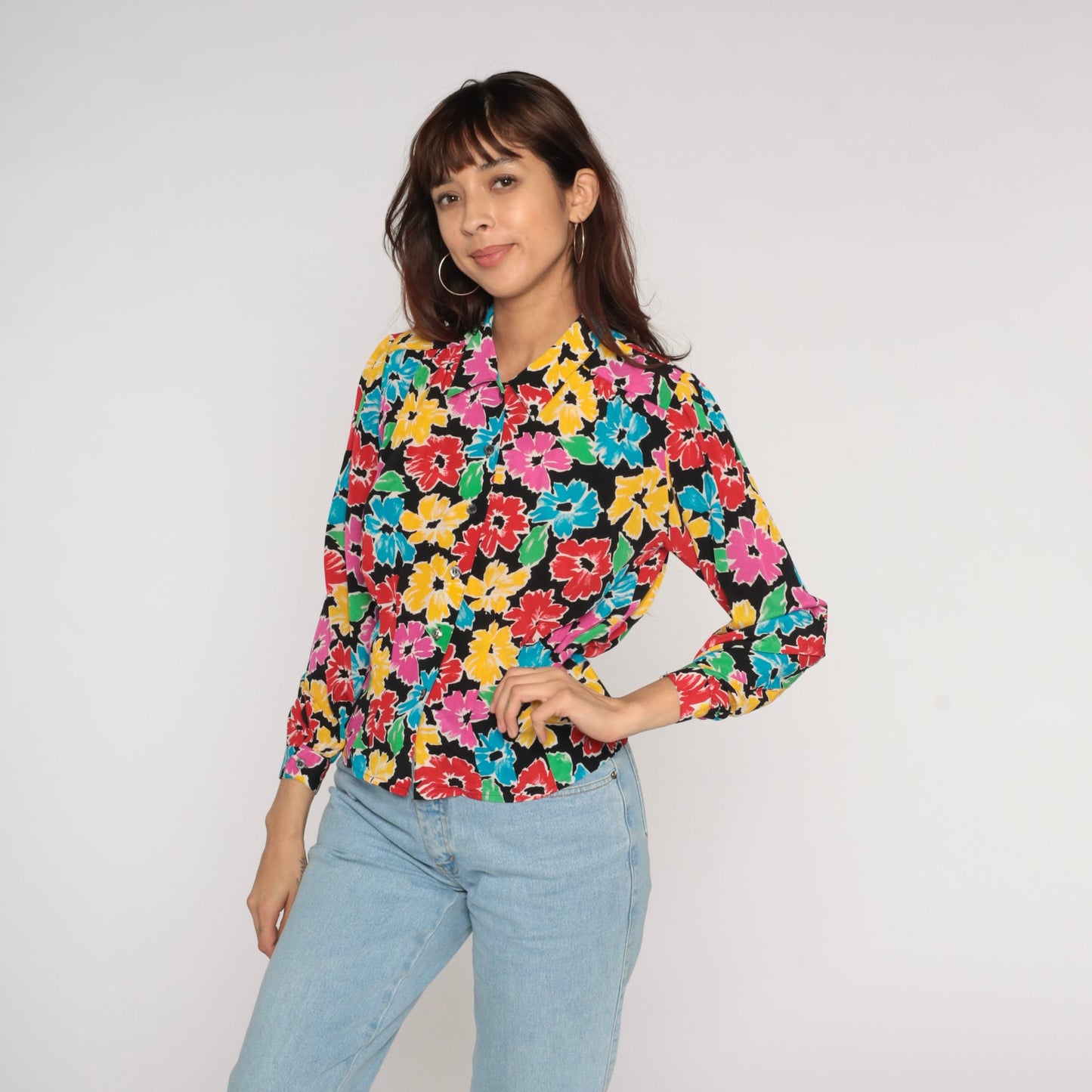 90s Liz Claiborne Floral Button Up Blouse Black Colorful Print Long Sleeve Small