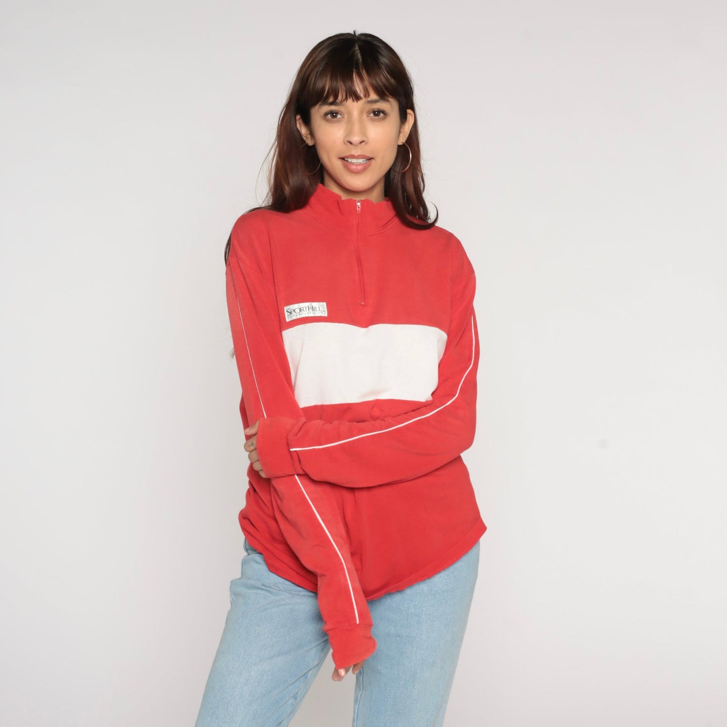 90s Sporthill Quarter Zip Long Sleeve Shirt Red White Stripe Large L