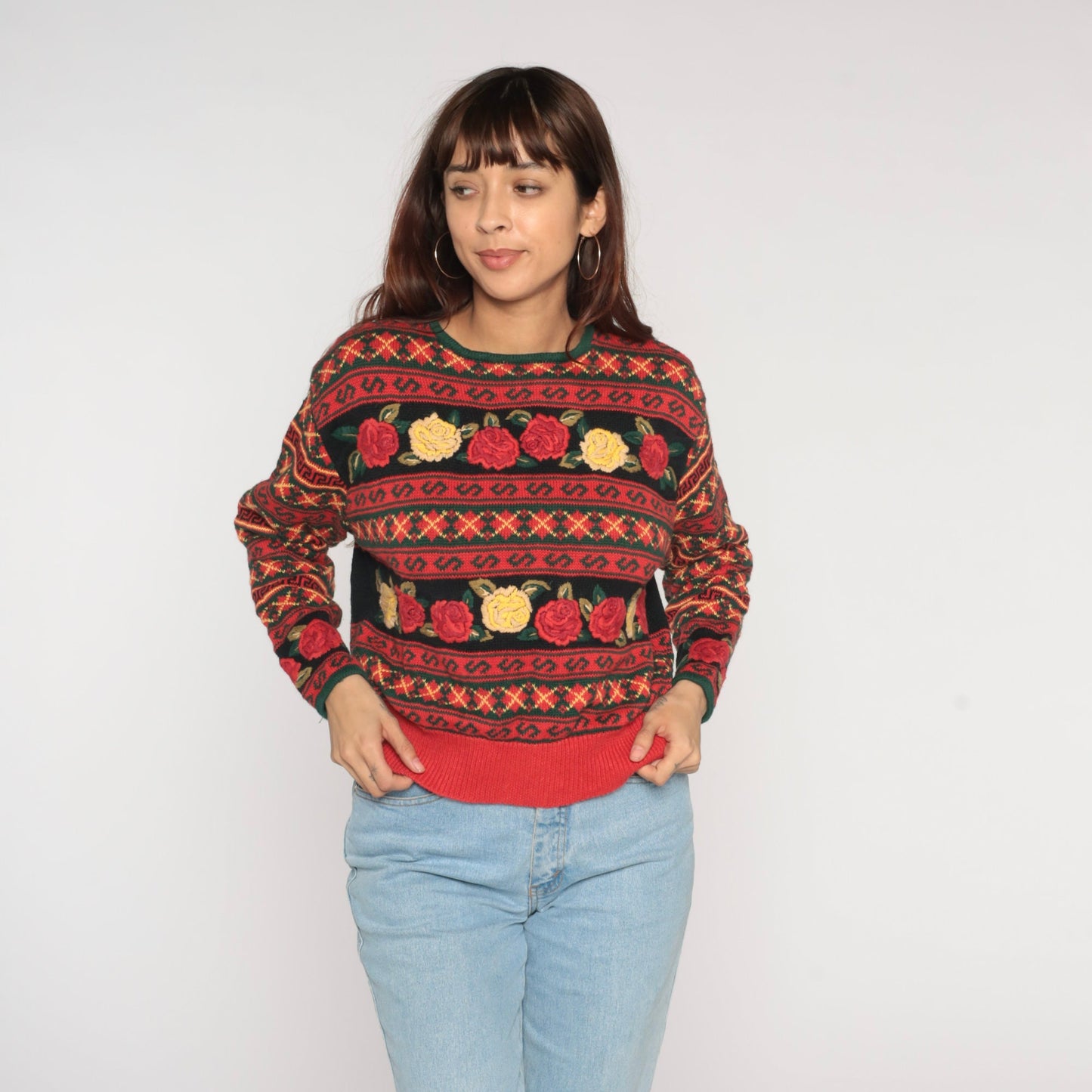 90s Herman Geist Black Red Floral Embroidered Argyle Knit Sweater Large L