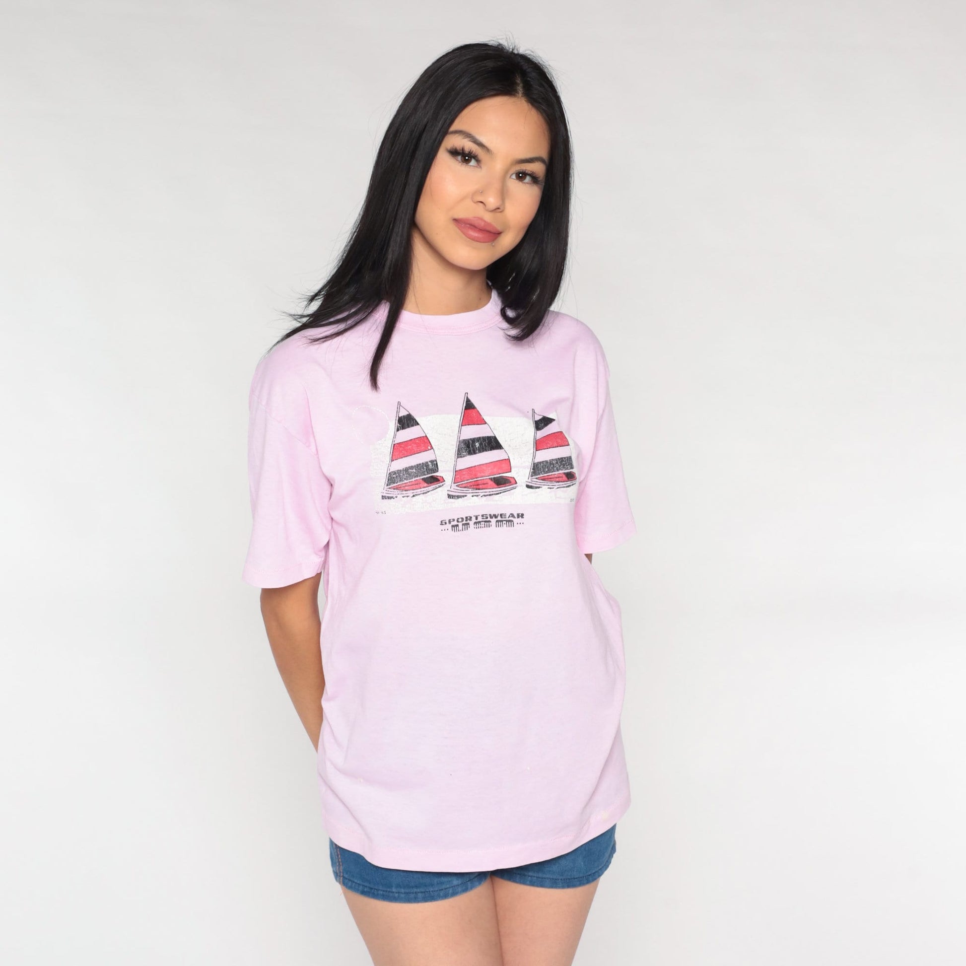 90s Sailboat Graphic Tee Pink Nautical Single Stitch Sportswear Medium