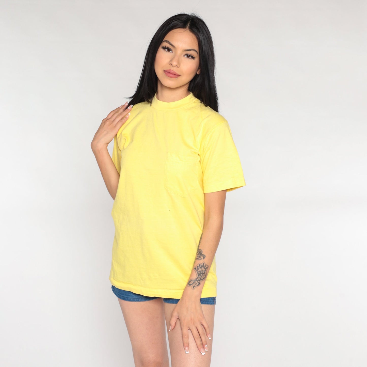 90s Yellow Cotton Pocket T-Shirt Plain Tee Single Stitch Medium
