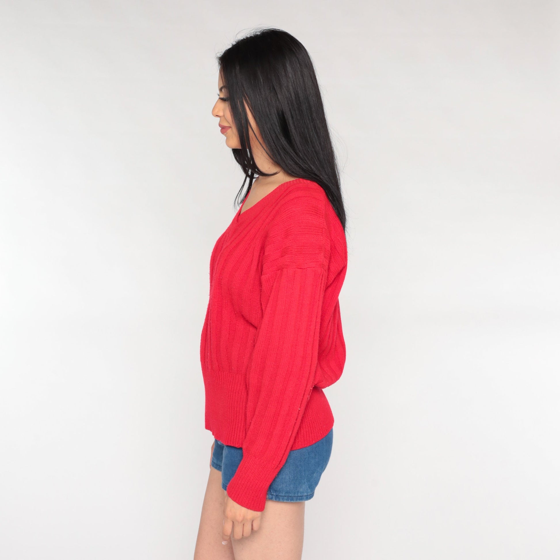 80s Red Acrylic Knit V-Neck Pullover Sweater Large