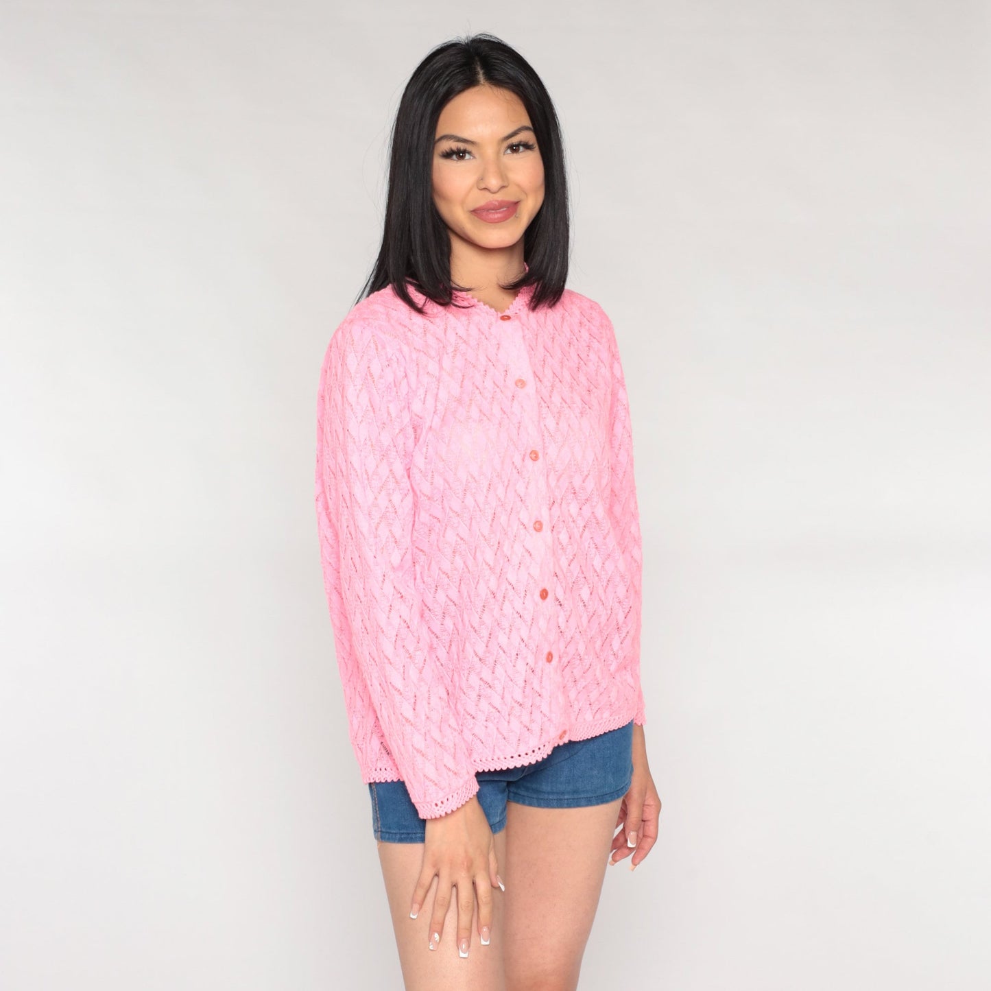 70s Hot Pink Pointelle Cardigan Open Weave Knit Sweater Medium