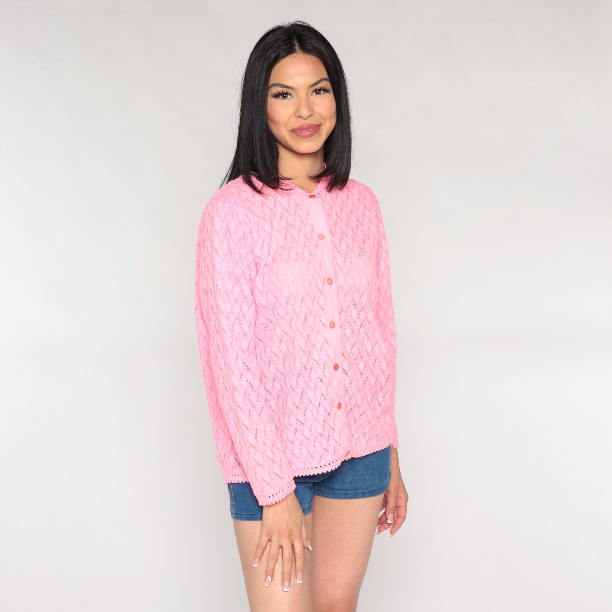70s Hot Pink Pointelle Cardigan Open Weave Knit Sweater Medium