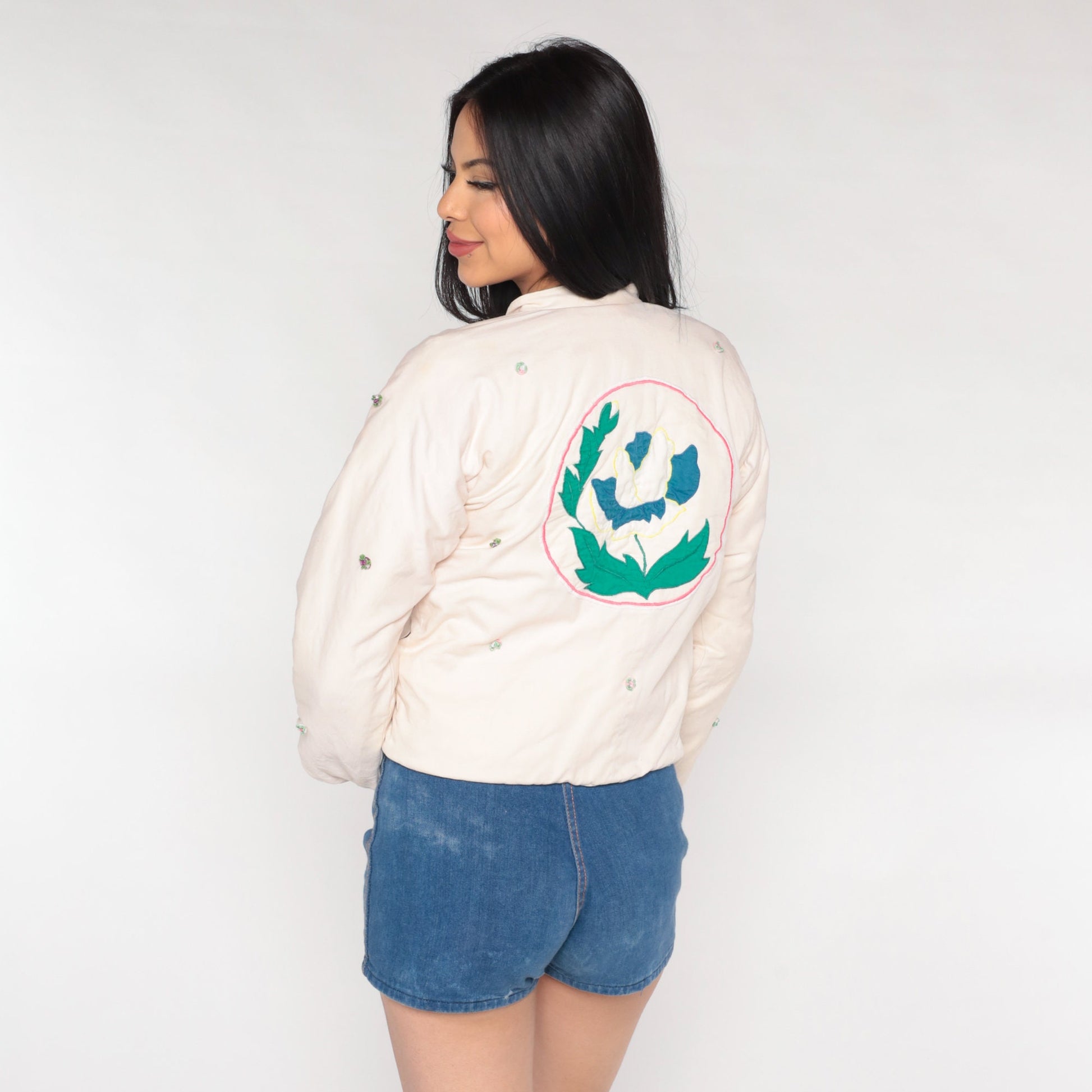 80s Quilted Floral Appliqué Cropped Jacket Off-White Mandarin Collar Extra Small