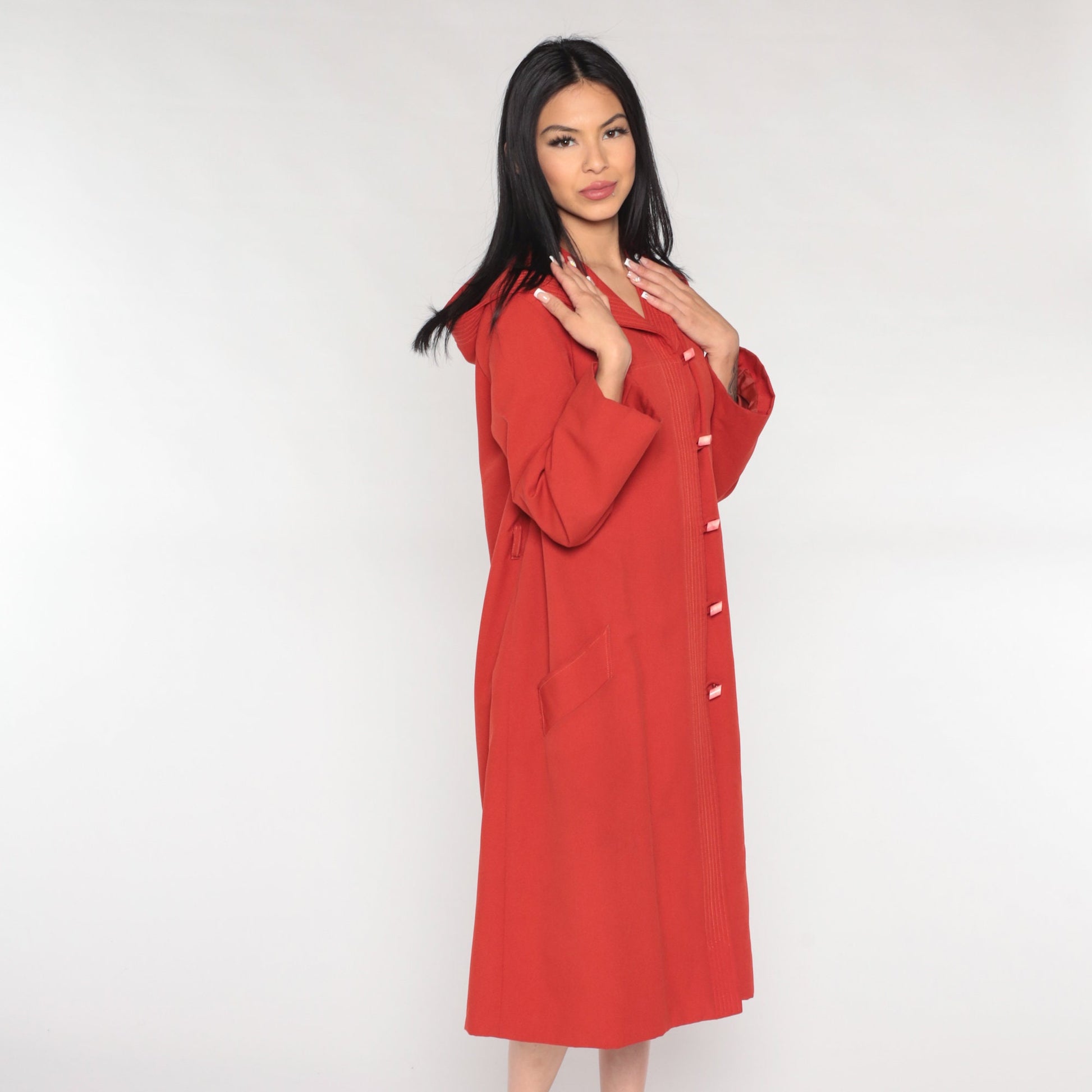 70s Rust Red Hooded Jacket Toggle Button Long Coat Medium