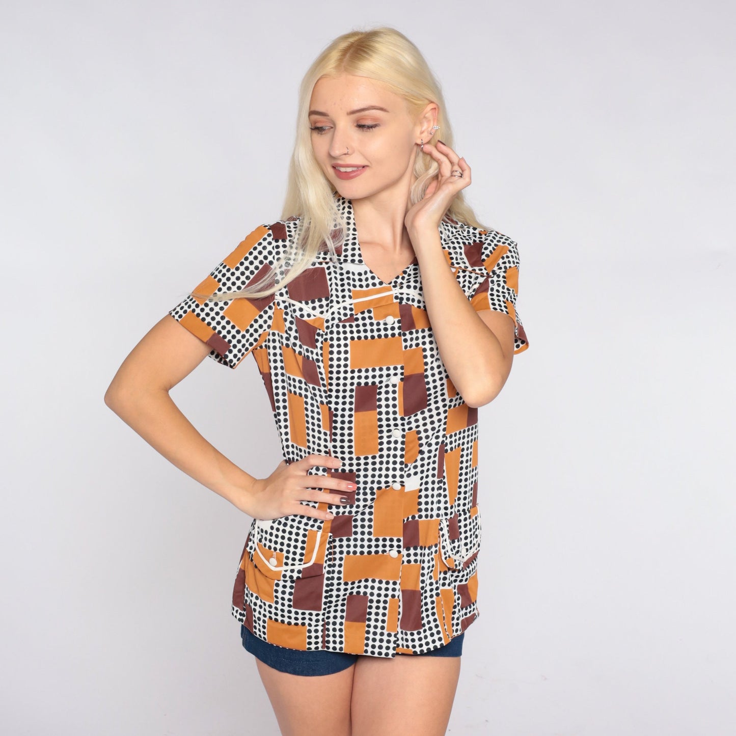 70s Geometric Dot Square Print Button-Up Blouse Black White Brown Small
