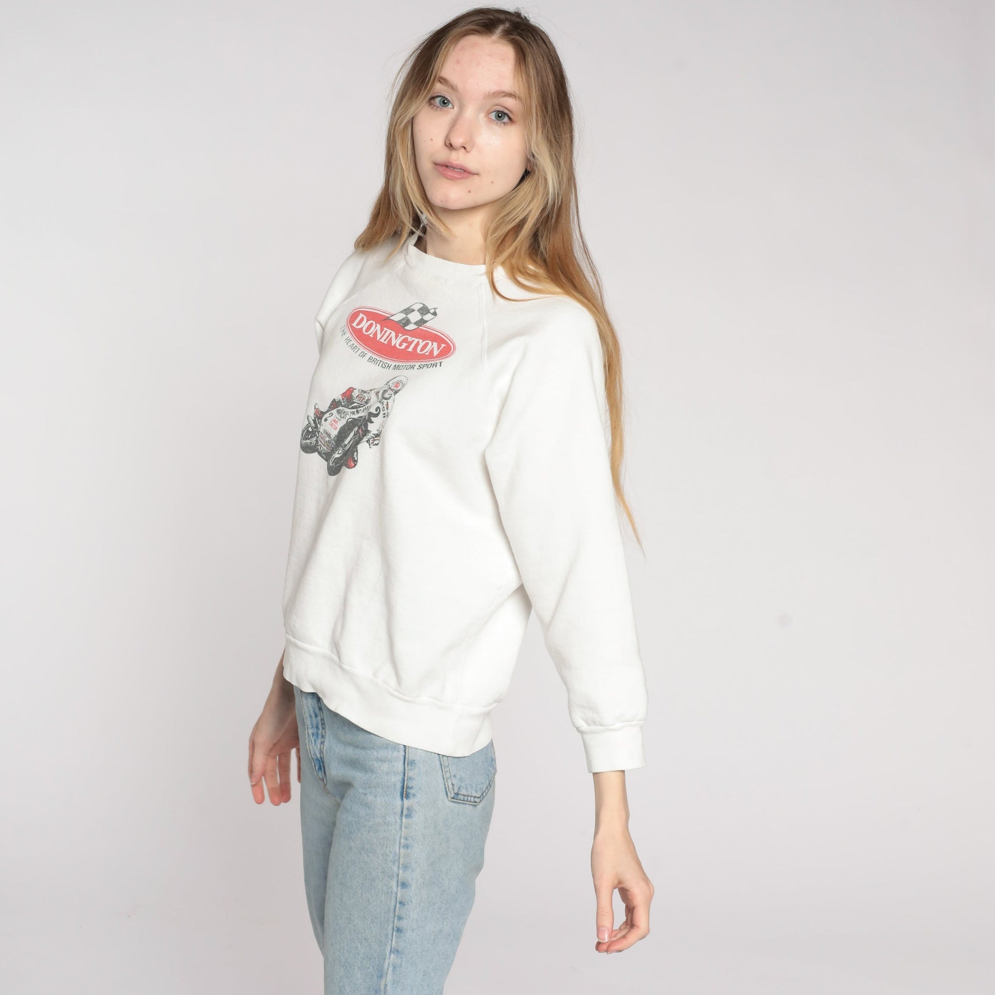90s Donington Park Motorcycle Racing Sweatshirt White Graphic Crewneck Medium