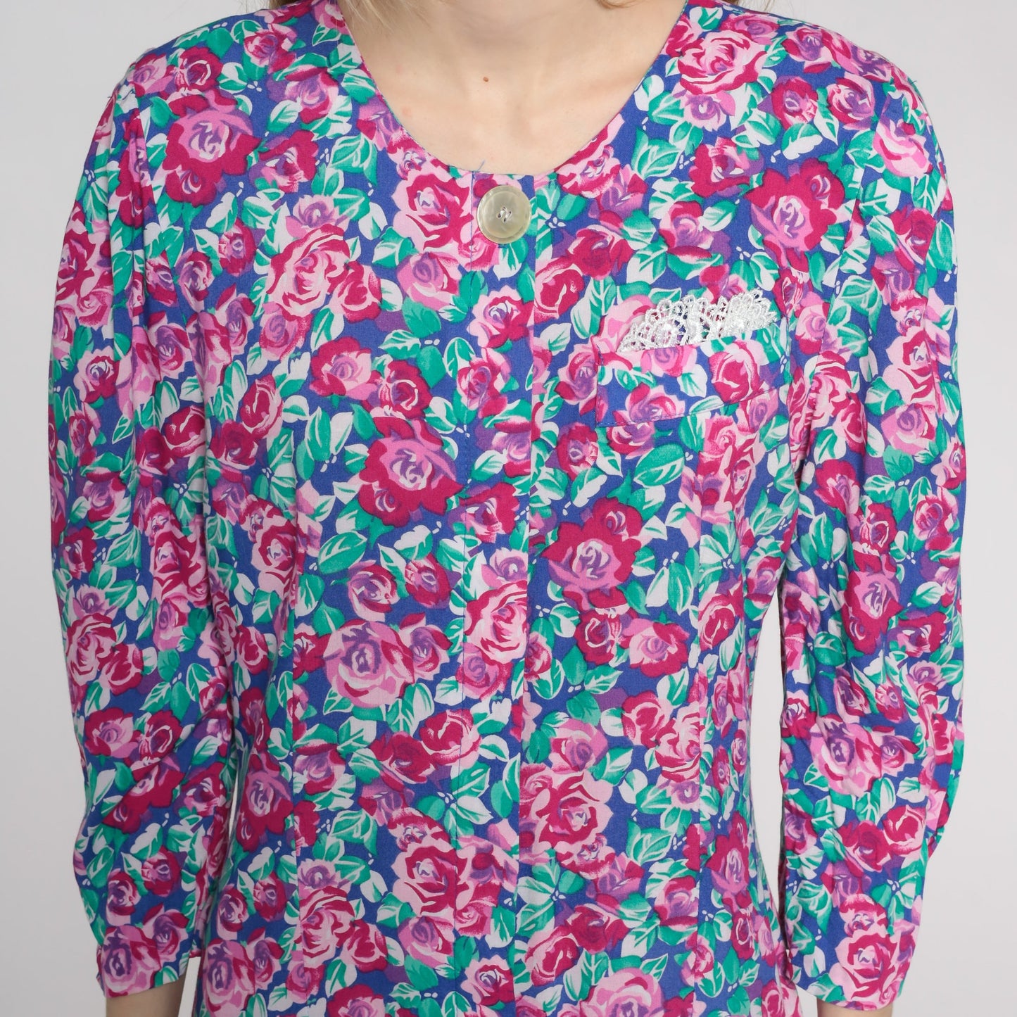 90s Floral Midi Dress Pink Rose Print Button-Up Long Sleeve Drop Waist Small
