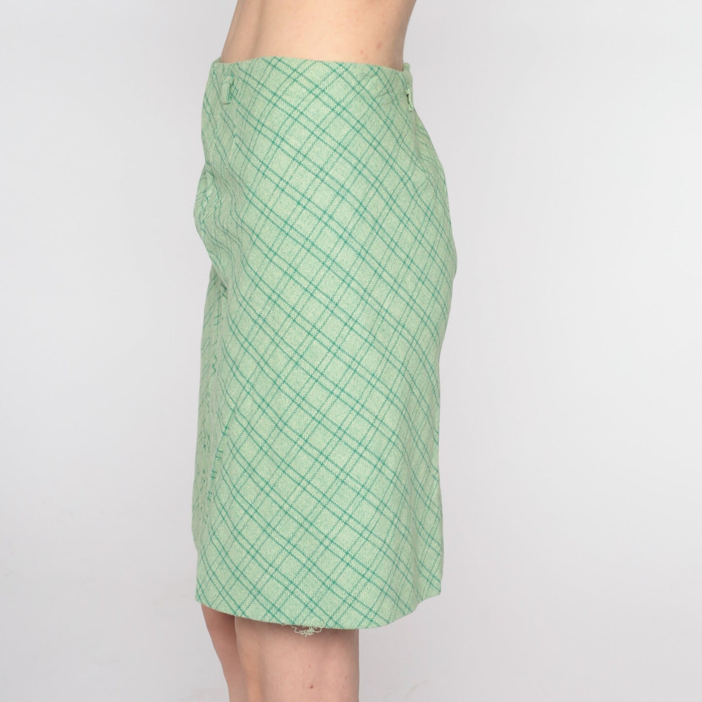60s Green Checkered Mini Skirt High Waist Pencil Cut Small