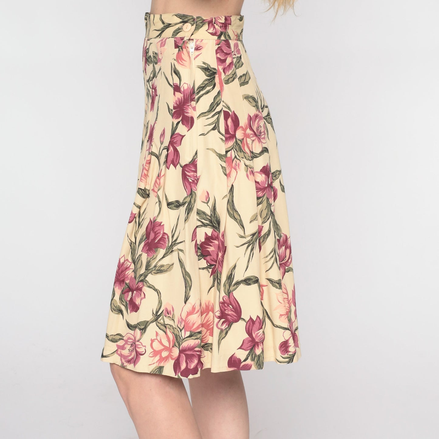 90s Floral Pleated Skirt High Waist Knee Length Yellow Pink Extra Small