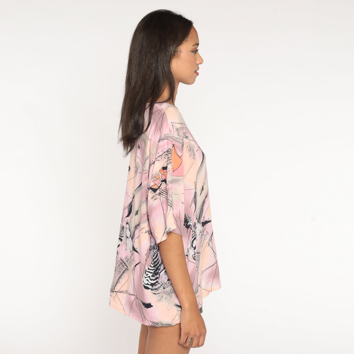 90s Tropical Fish Print Rayon Blouse Pink Purple Short Sleeve Large L