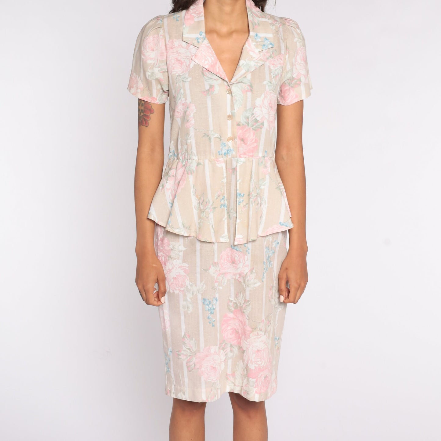 80s Floral Midi Shirtdress Beige Pink Peplum High Waist Button Up Small