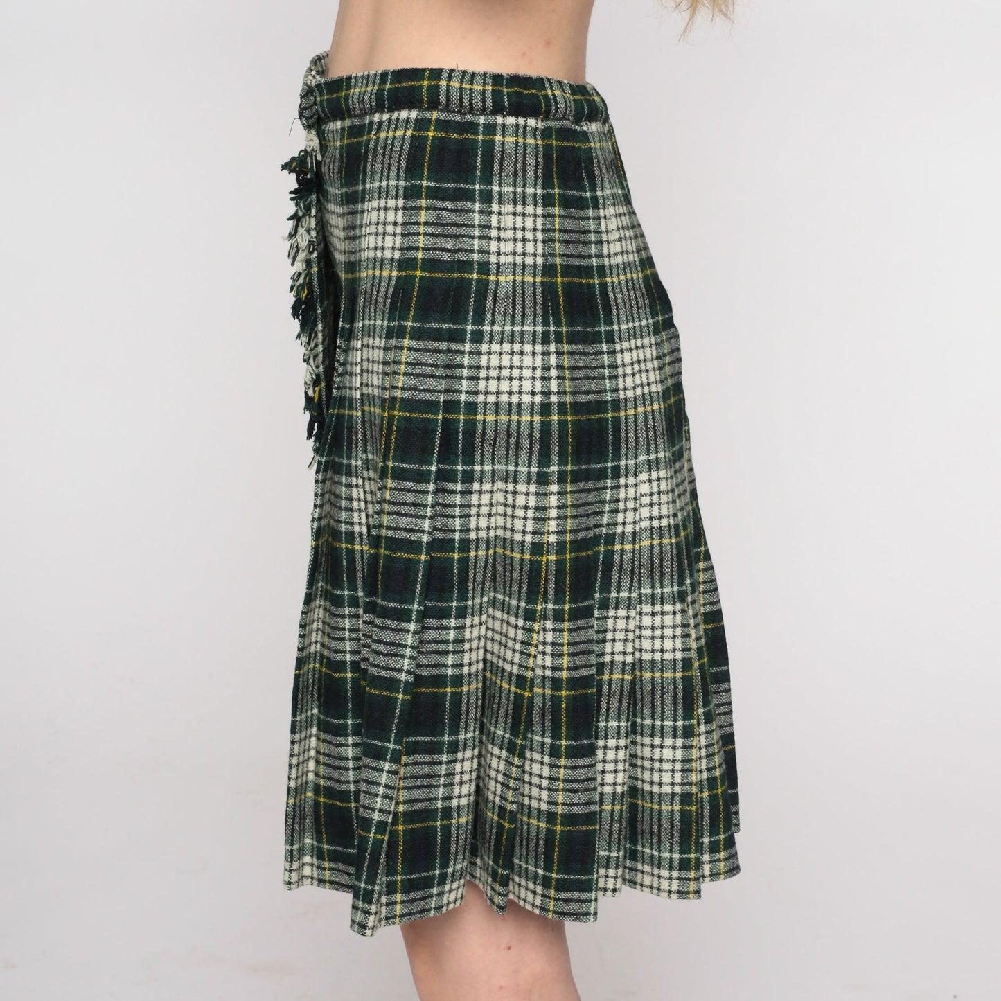 90s Plaid Wool Mini Skirt High Waist Wrap Navy Green White Small