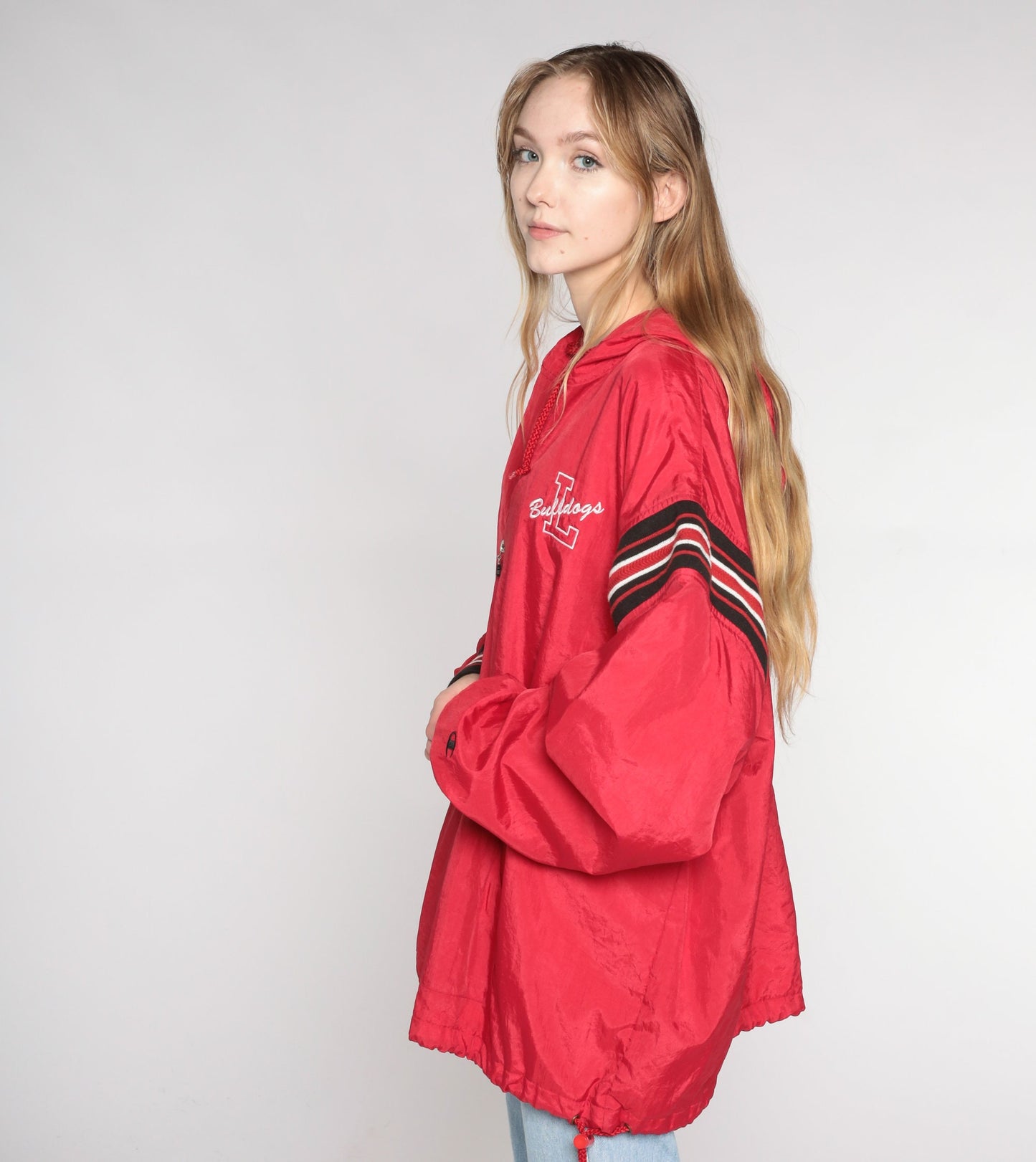 90s Champion Bulldogs Hooded Windbreaker Quarter Zip Red Black White XXL