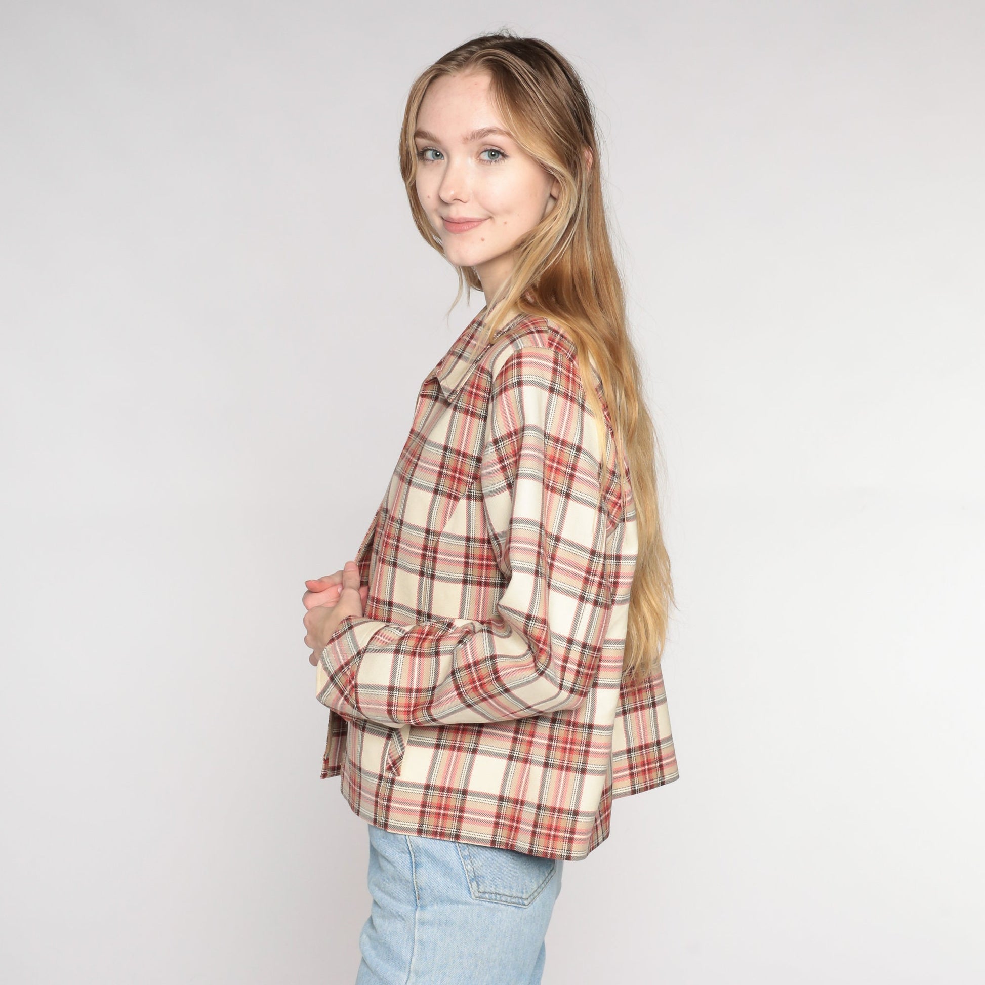 Pendleton Plaid Wool Zip Jacket Cream Red Checkered Collared Coat Large L