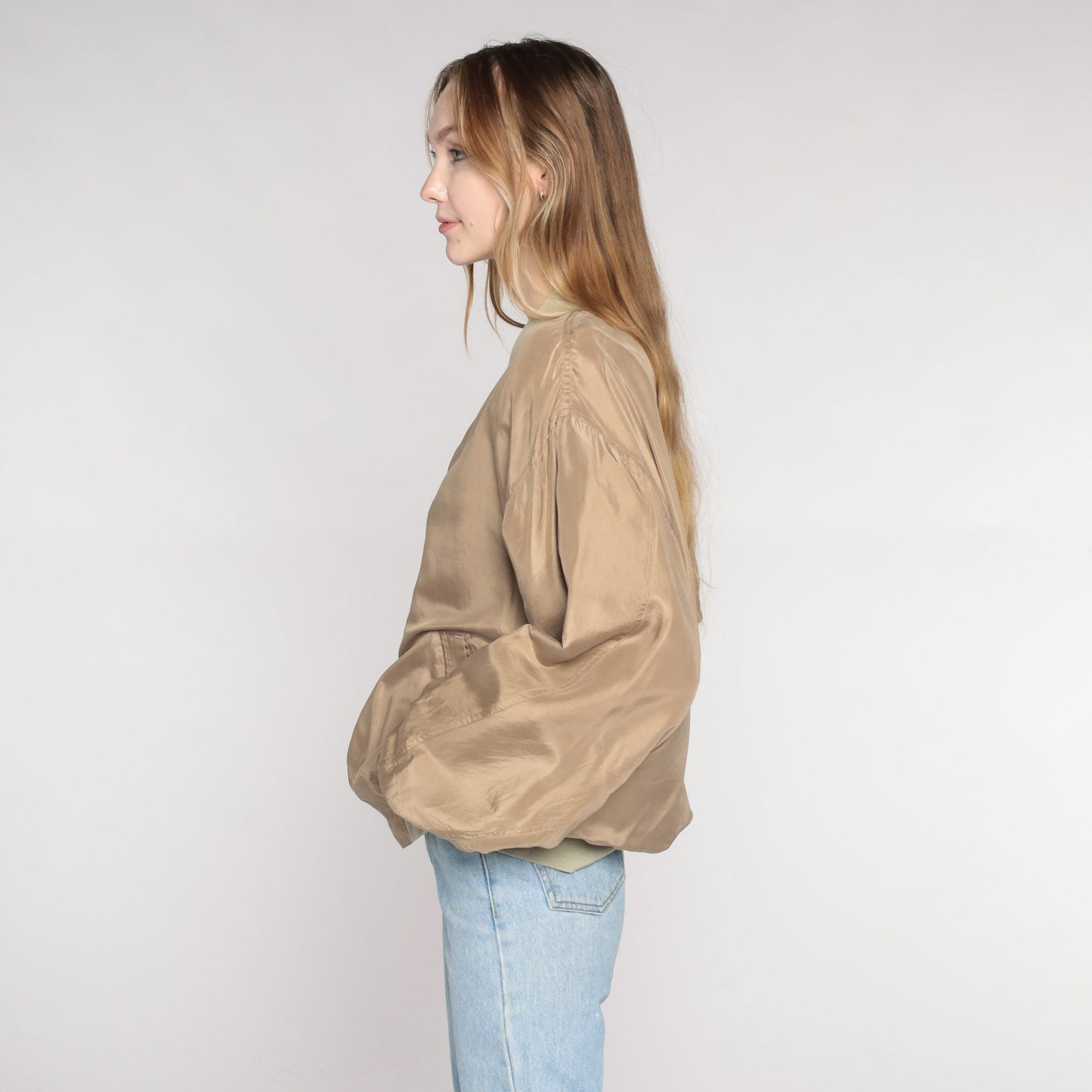 00s Brown Silk Bomber Jacket Zip-Up Windbreaker Medium M