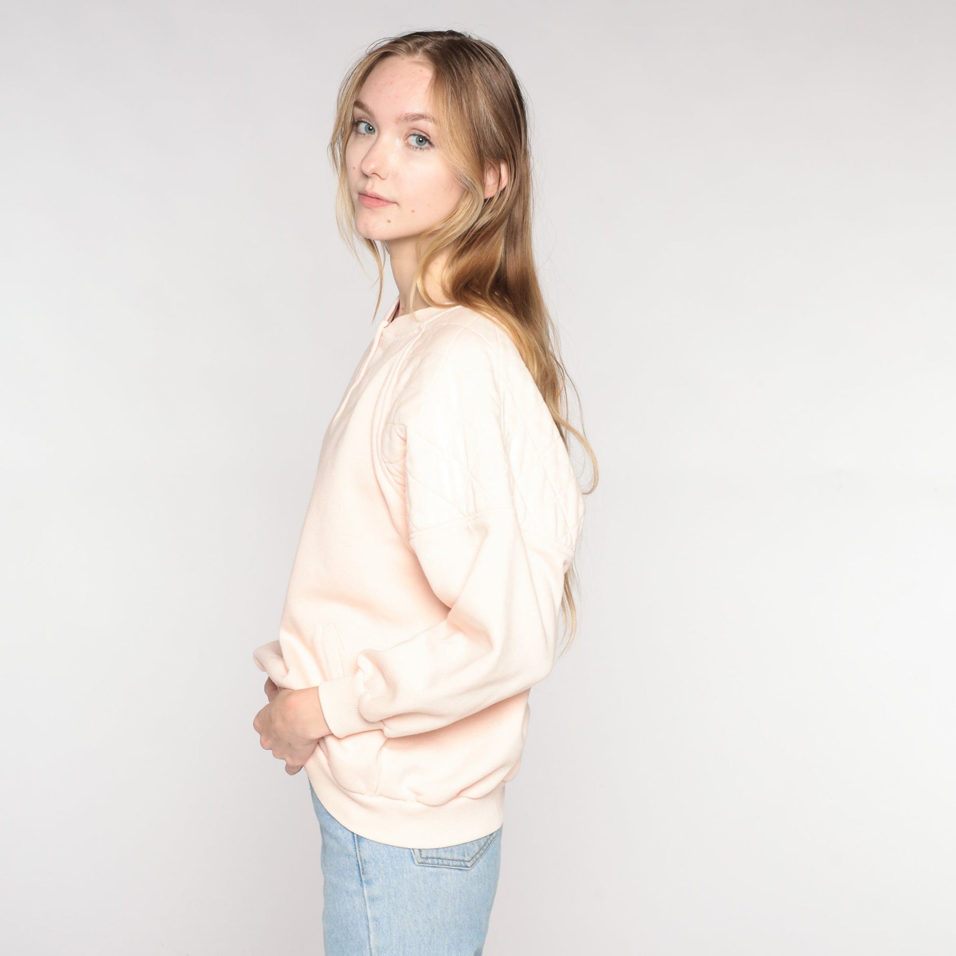 90s Light Pink Quilted Henley Sweatshirt Button Neck Long Sleeve Large L