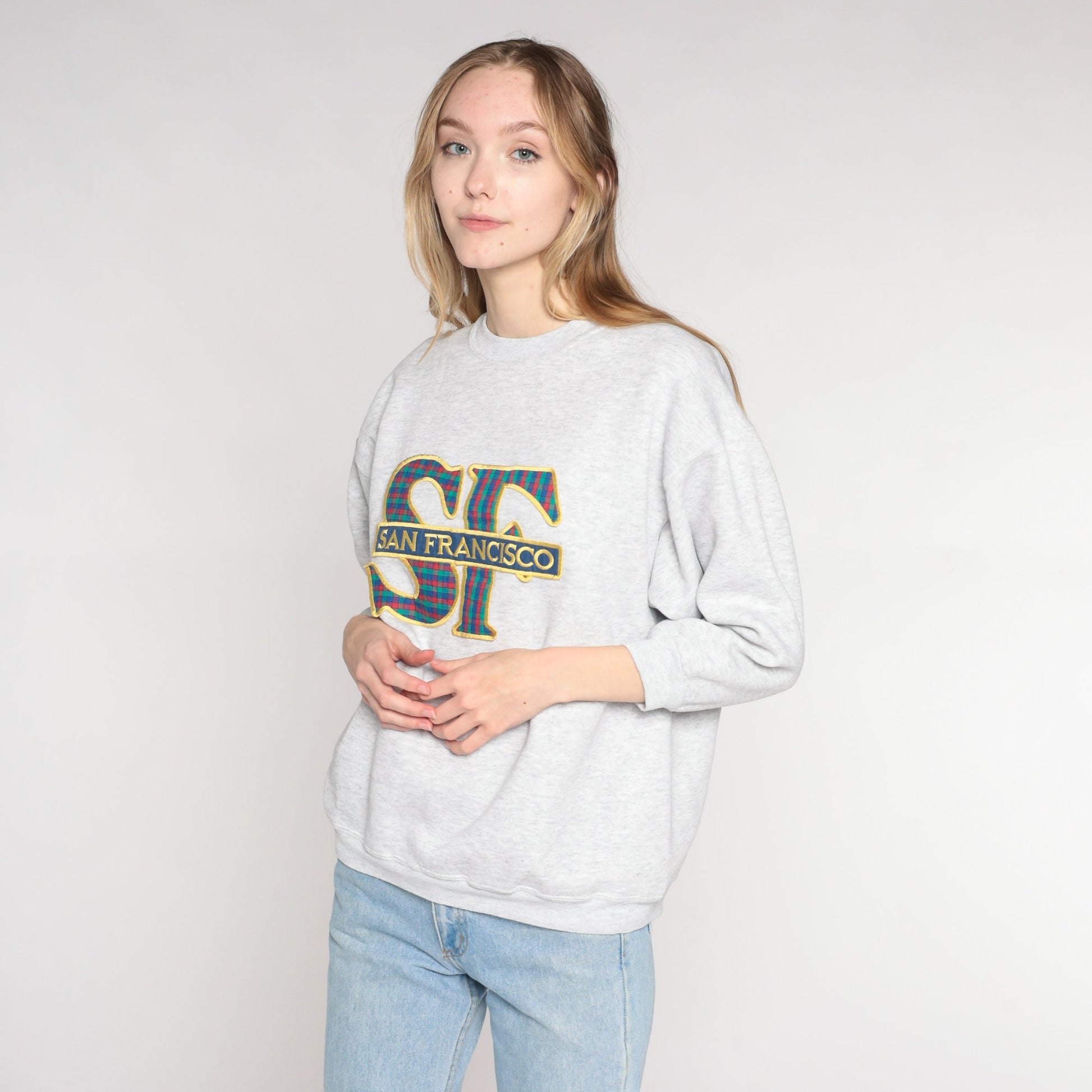 Y2K San Francisco Plaid Sweatshirt Heather Grey 3/4 Sleeve Crewneck Medium Large