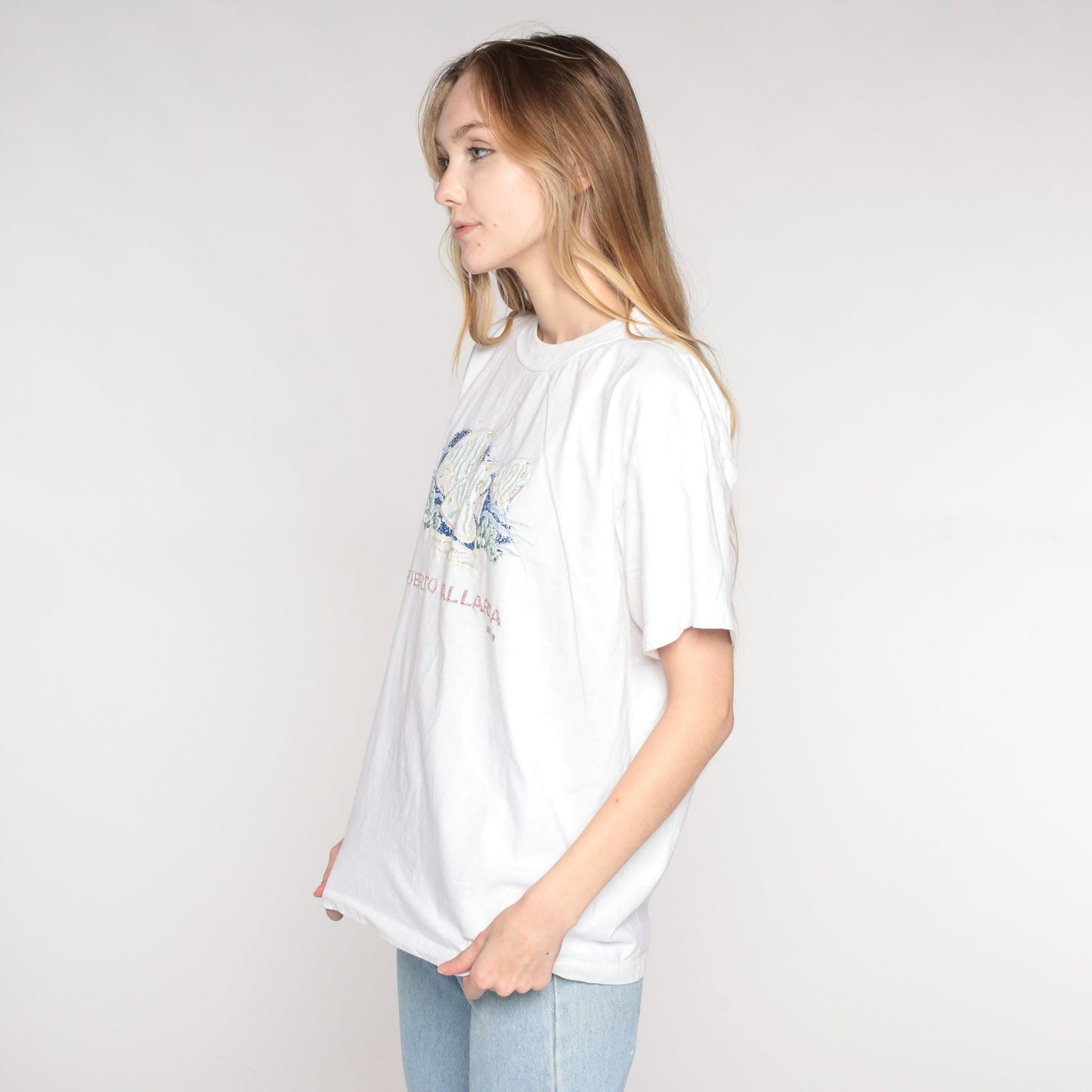 Y2K Puerto Vallarta Tropical Fish Graphic T-Shirt White Cotton Large L