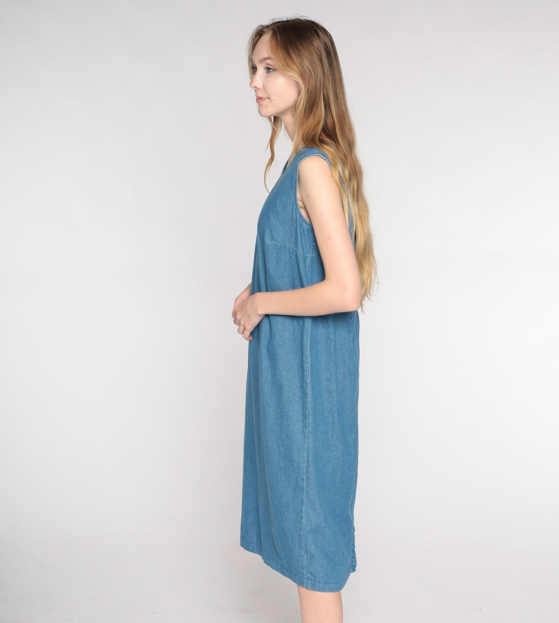 00s Blue Denim Midi Dress Floral Embroidered Sleeveless Jumper Small Medium
