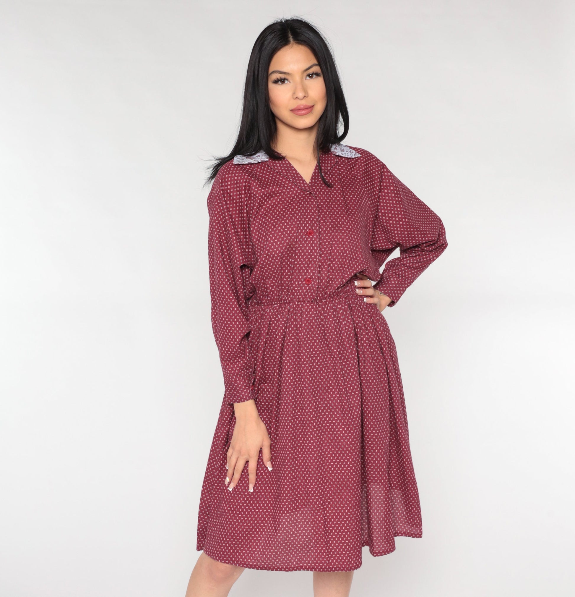 80s Burgundy Midi Shirtdress Lace Collar Geometric Button-Up Small Medium