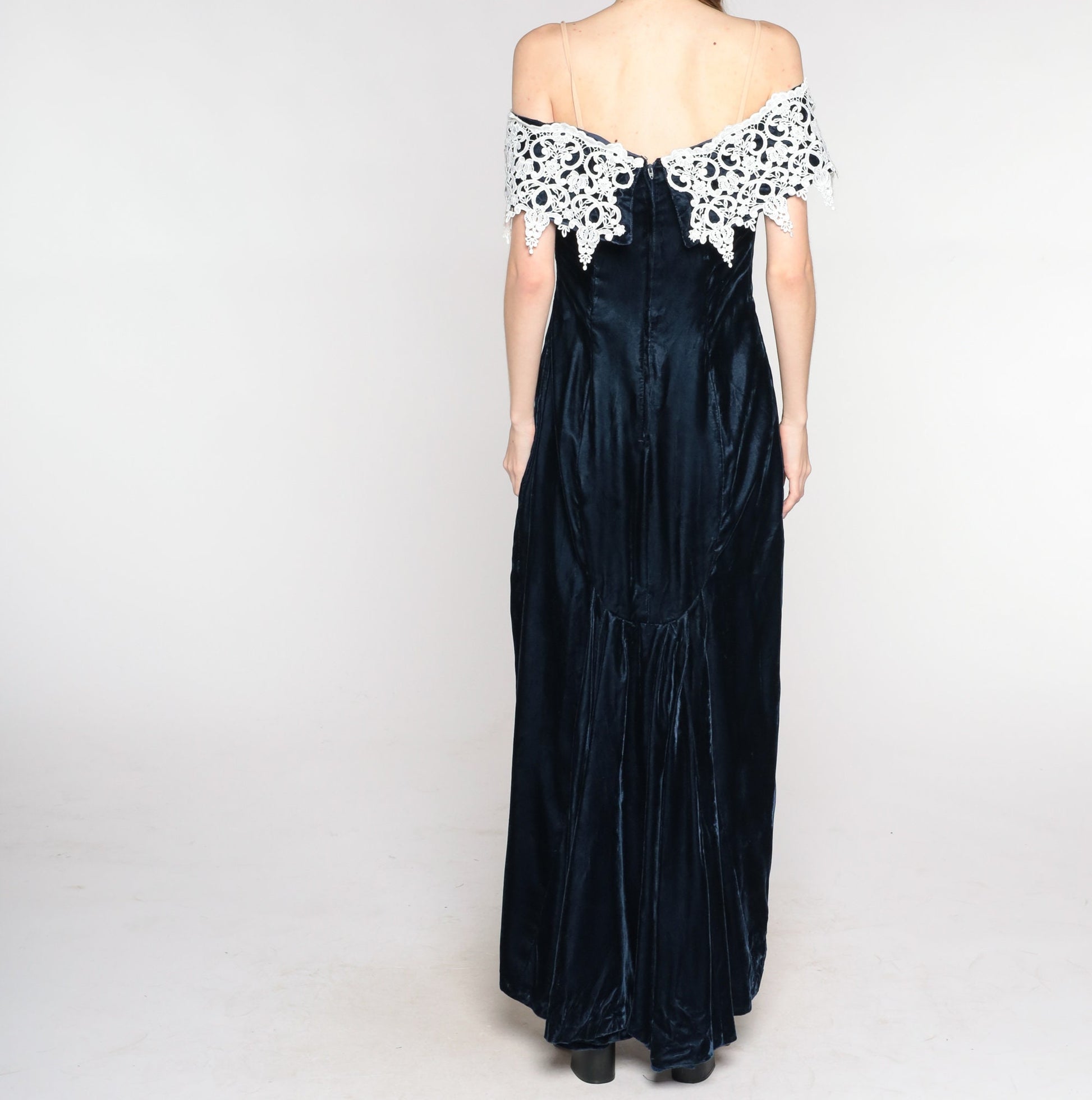 90s Navy Velvet Maxi Dress Off-Shoulder White Lace Trim Small