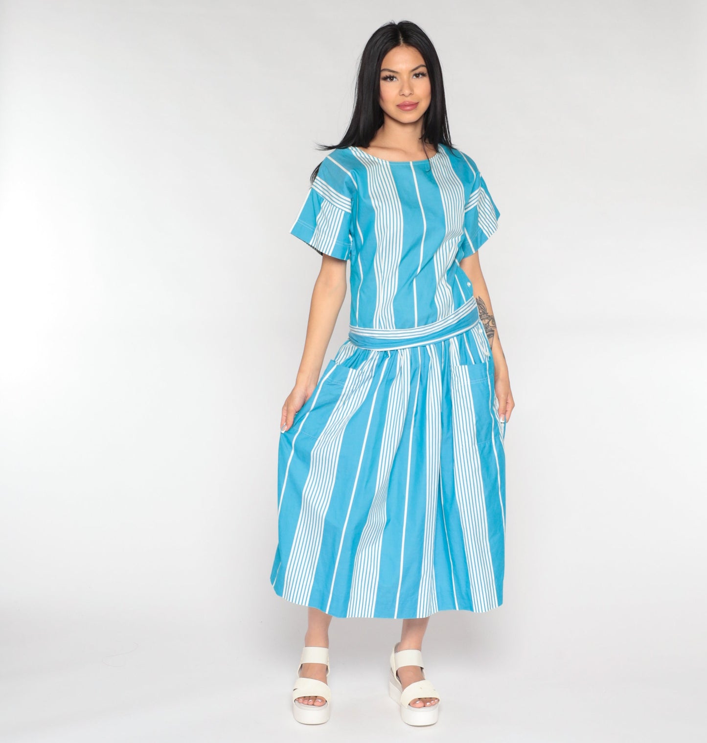 80s Nicole Miller Striped Midi Dress Drop Waist Blue White Cotton Medium 8