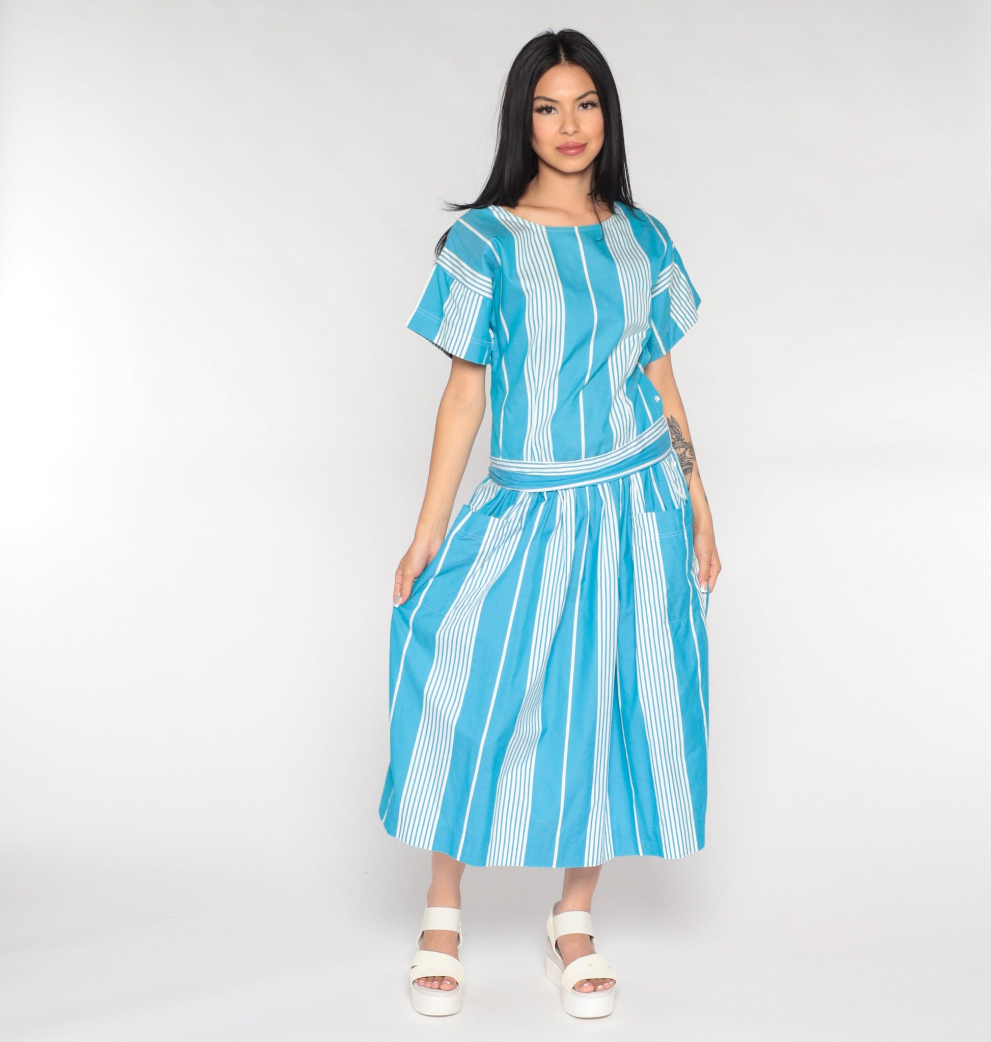 80s Nicole Miller Striped Midi Dress Drop Waist Blue White Cotton Medium 8