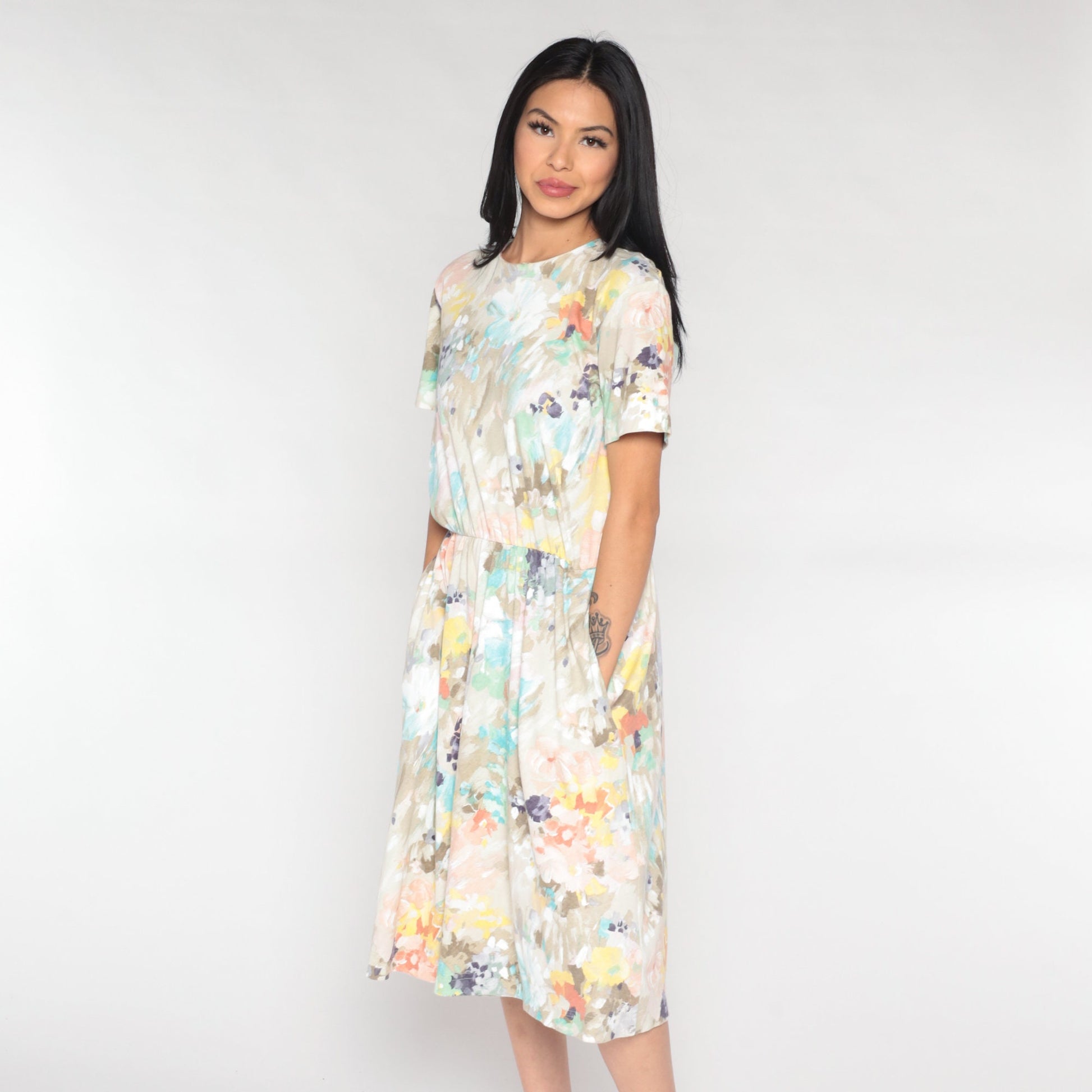 80s Watercolour Floral Midi Dress High Waist Short Sleeve Brown White Medium