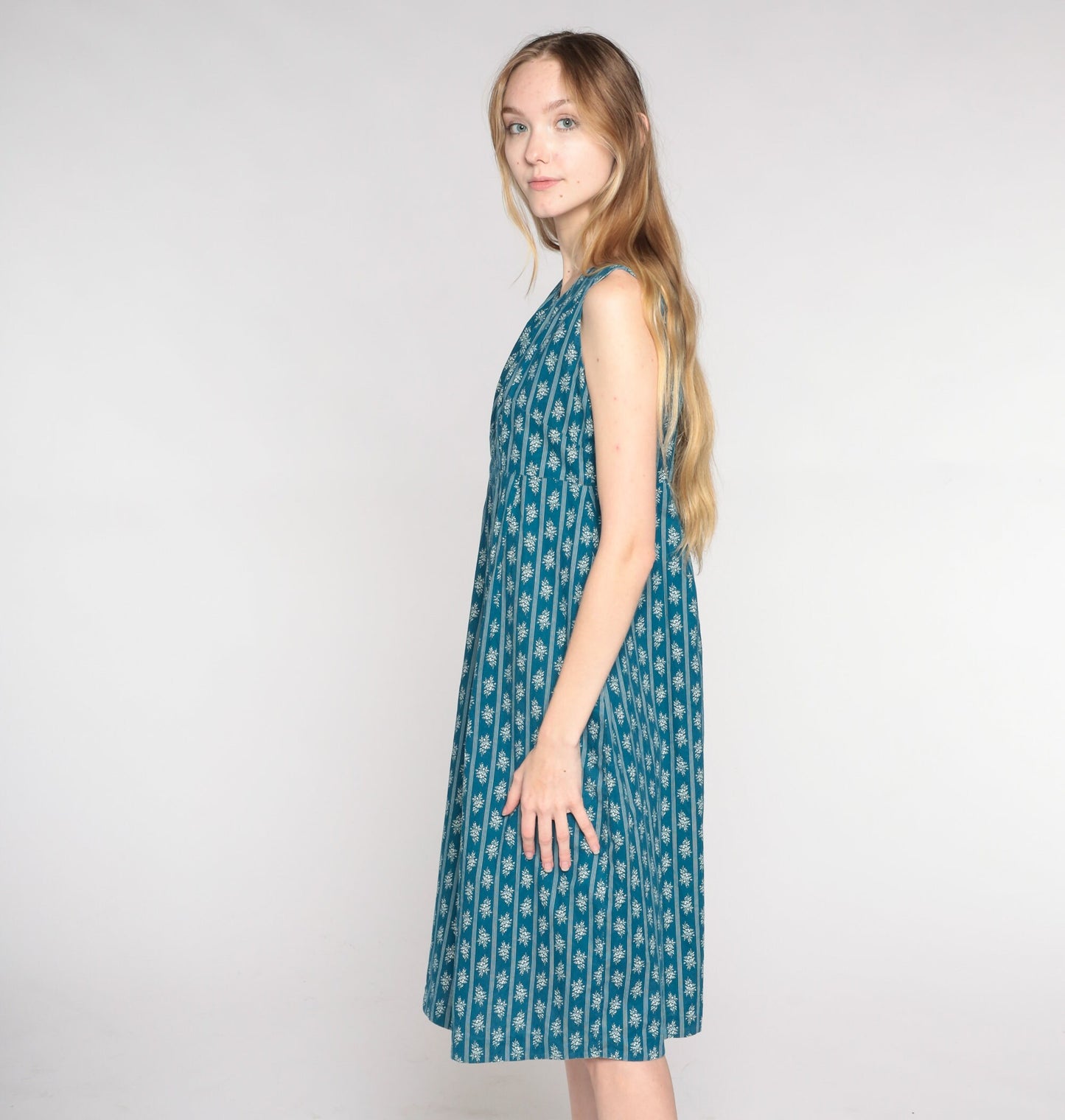 1960s Blue Floral Striped Midi Dress Empire Waist Sleeveless Shift Medium