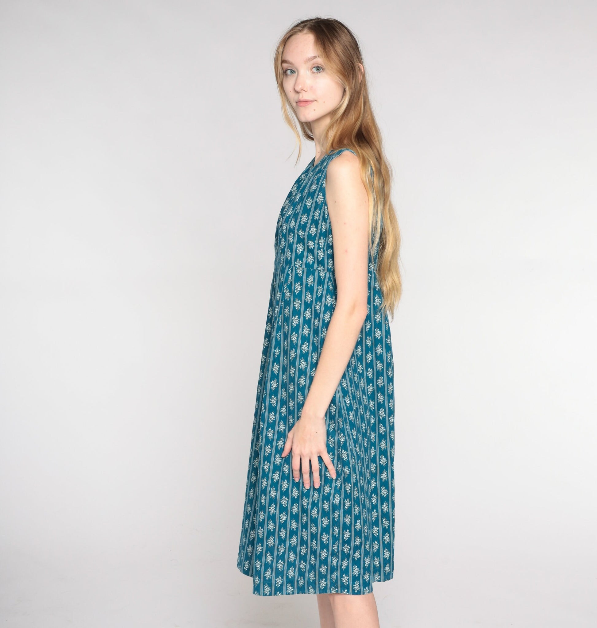 1960s Blue Floral Striped Midi Dress Empire Waist Sleeveless Shift Medium