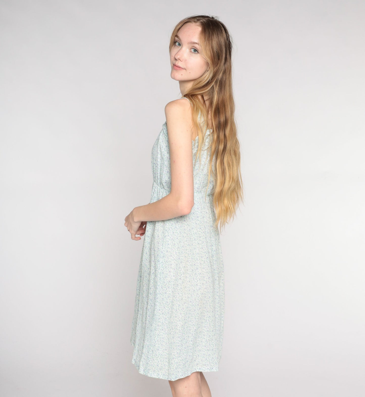70s Calico Floral Mini Dress Purple Green Empire Waist Sleeveless Extra Small