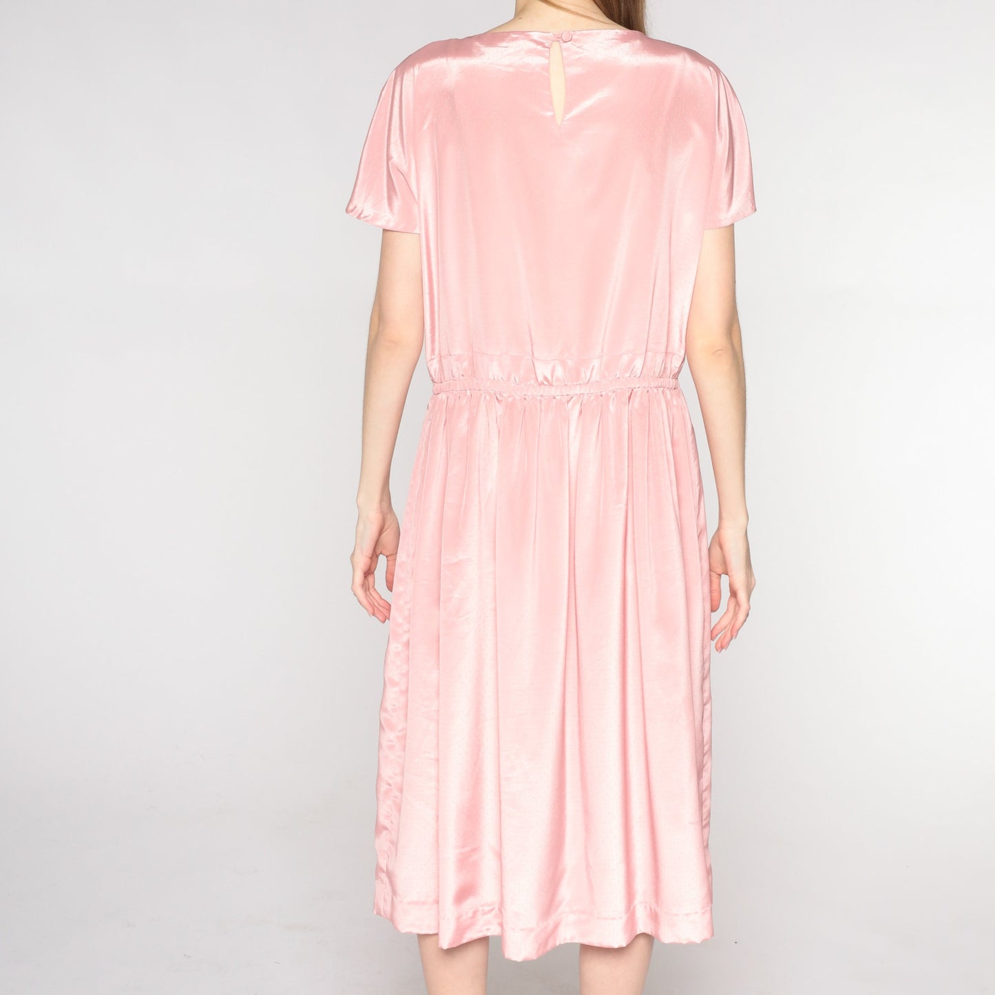 80s Pink Midi Dress Flutter Sleeve Blouson Bodice Keyhole Back Medium