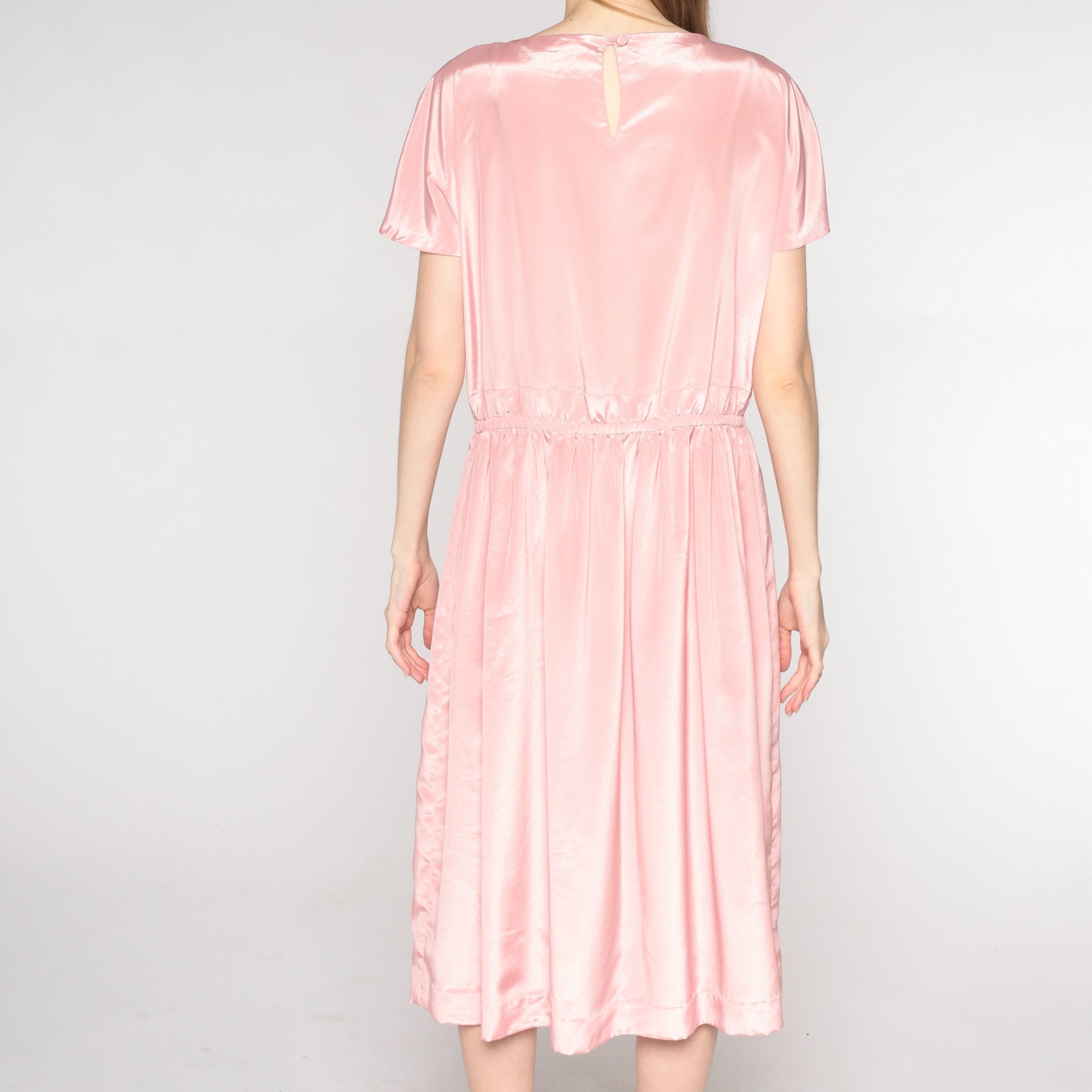 80s Pink Midi Dress Flutter Sleeve Blouson Bodice Keyhole Back Medium