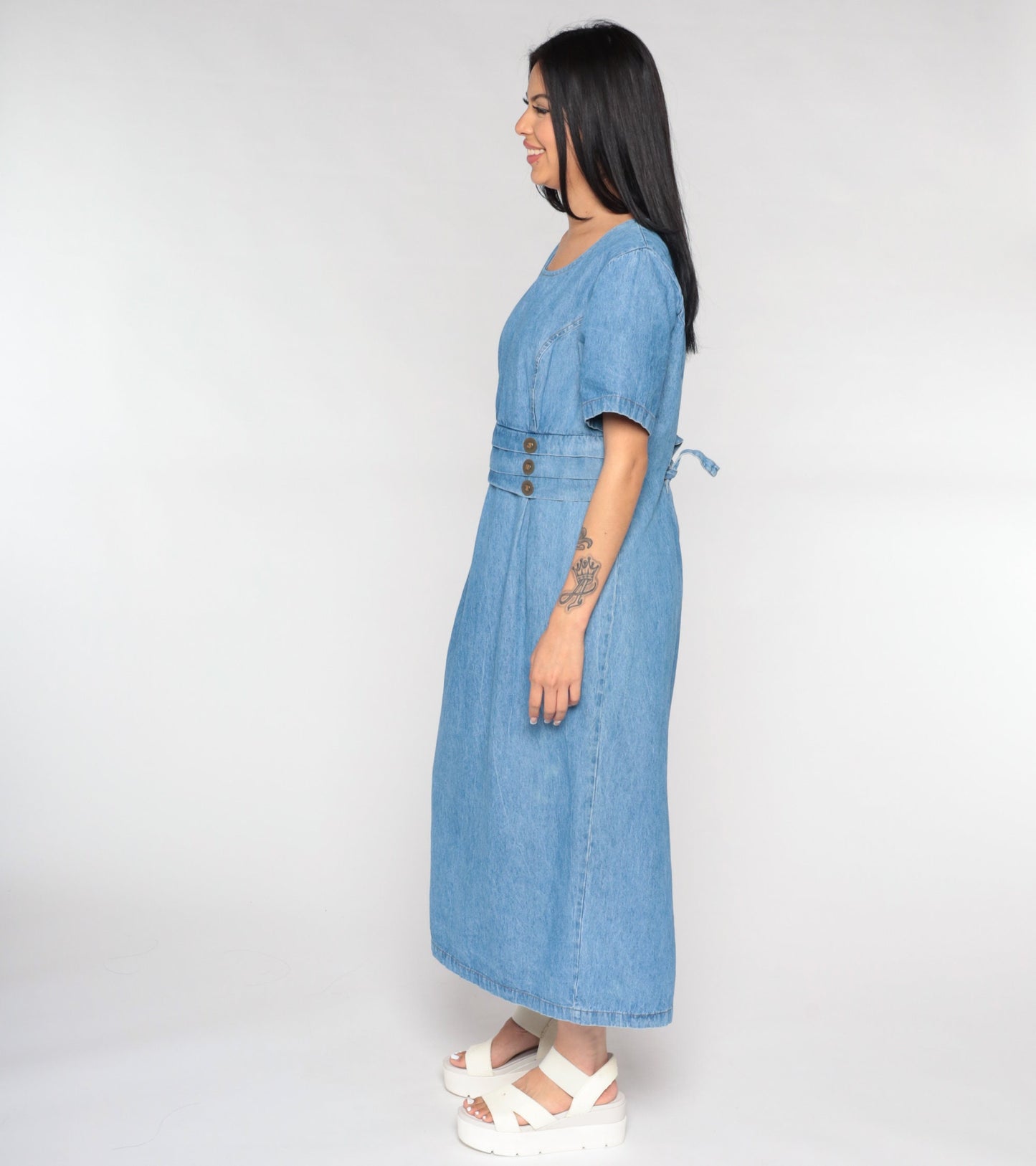90s Fore Warned Denim Maxi Dress Blue Princess Seam Short Sleeve Large 14
