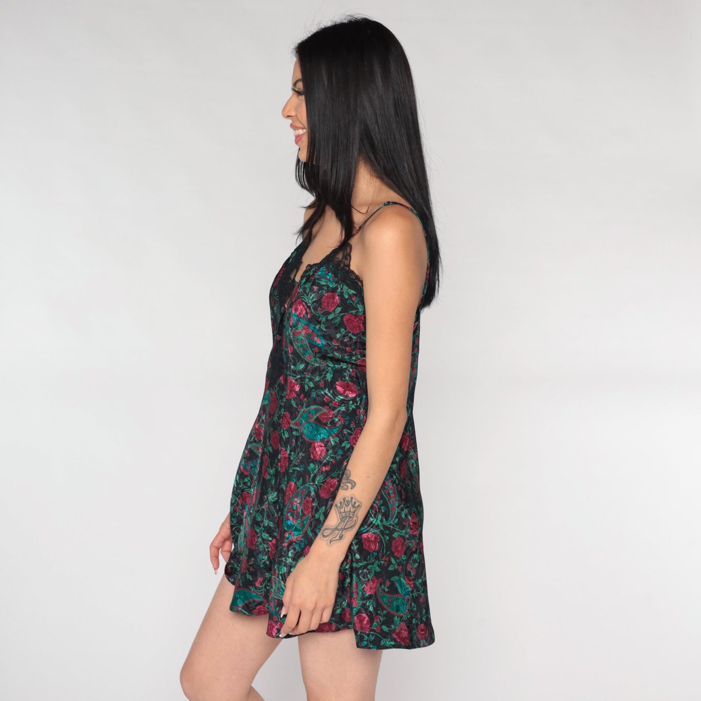 90s Floral Paisley Teddy Bodysuit Black Lace Trim Spaghetti Strap Small